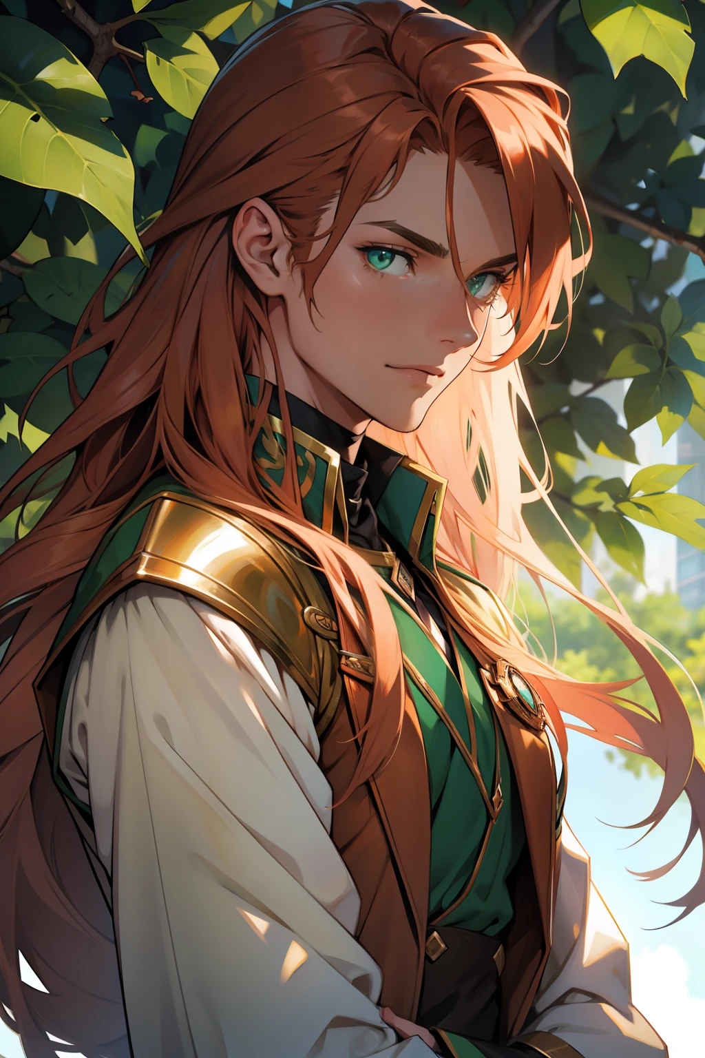 guy, copper long hair, green colored eyes