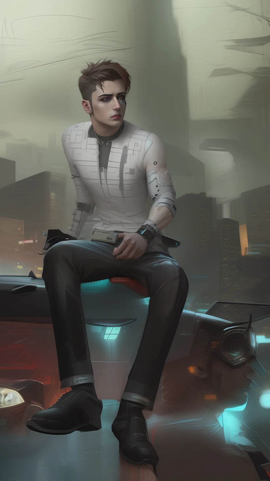 Change background cyberpunk handsome boy. Realistic face, 8k, ultra realistic, car VFX