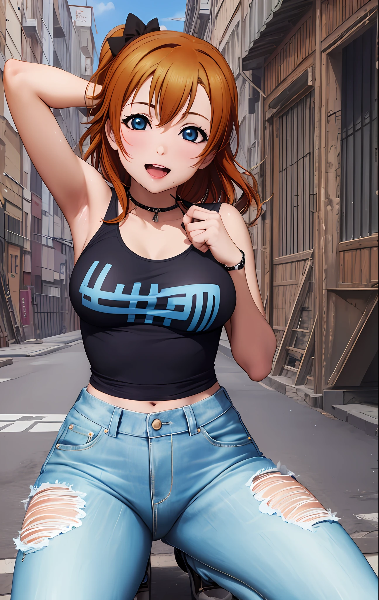 Happy, Gothic art, 8k, super detail, super detail, textured skin, anatomically correct, 8k,love live!, kousaka honoka,(beautiful detailed blue eyes), (best quality), (ultra-detailed), (masterpiece), solo, (dynamic pose), 1 girl, wavy hair , high waisted jeans pants, sexual arousal, sexual expression, shiny skin., (camel toe), big eyes, anime, tank top, (black lips:0.6)