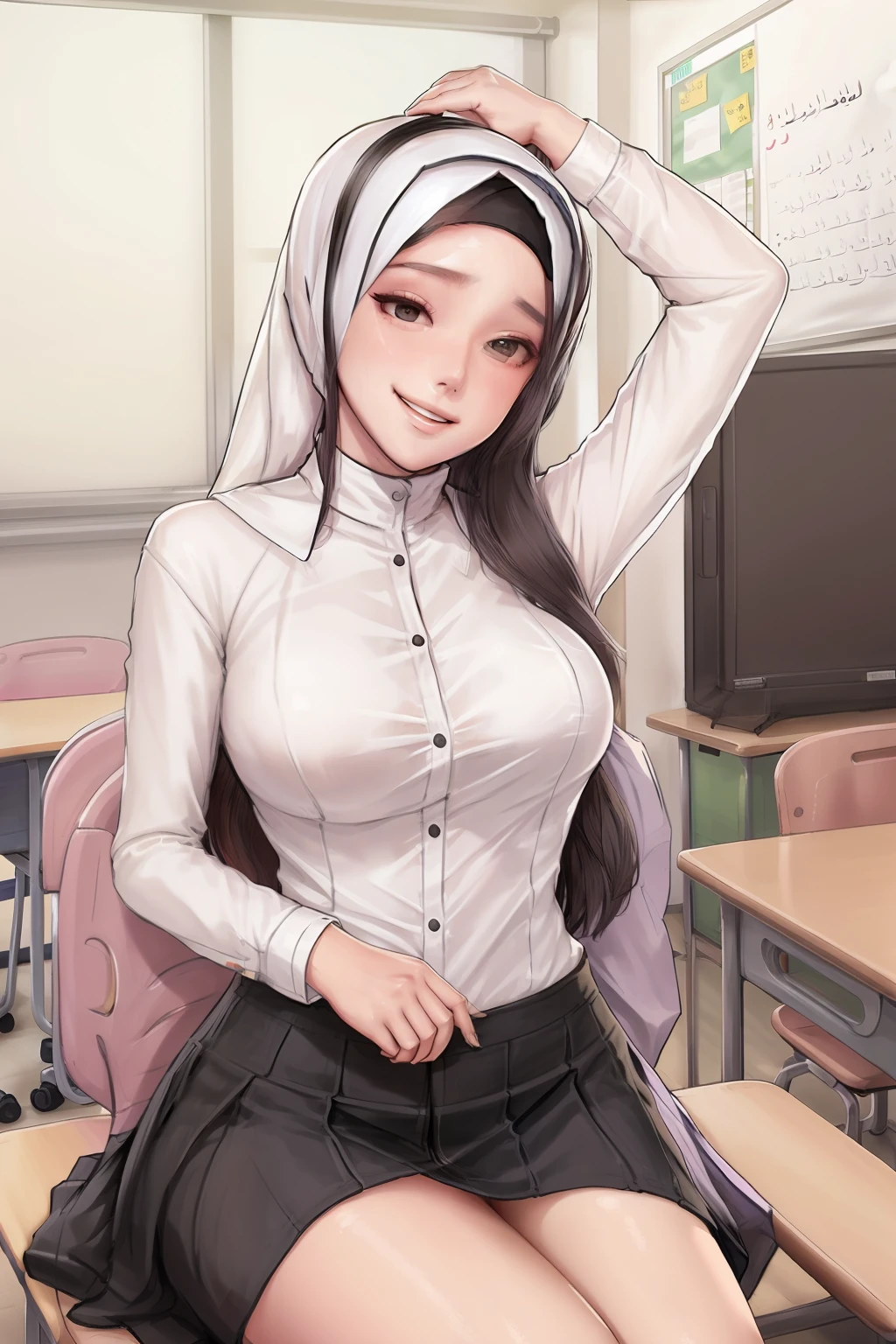 girl,hijab,school,happy,hijab outfit,teacher,teacher outfit,sexy,in classroom,teacher outfit,sleeping teacher, lying on the couch, supine position, sweet smile