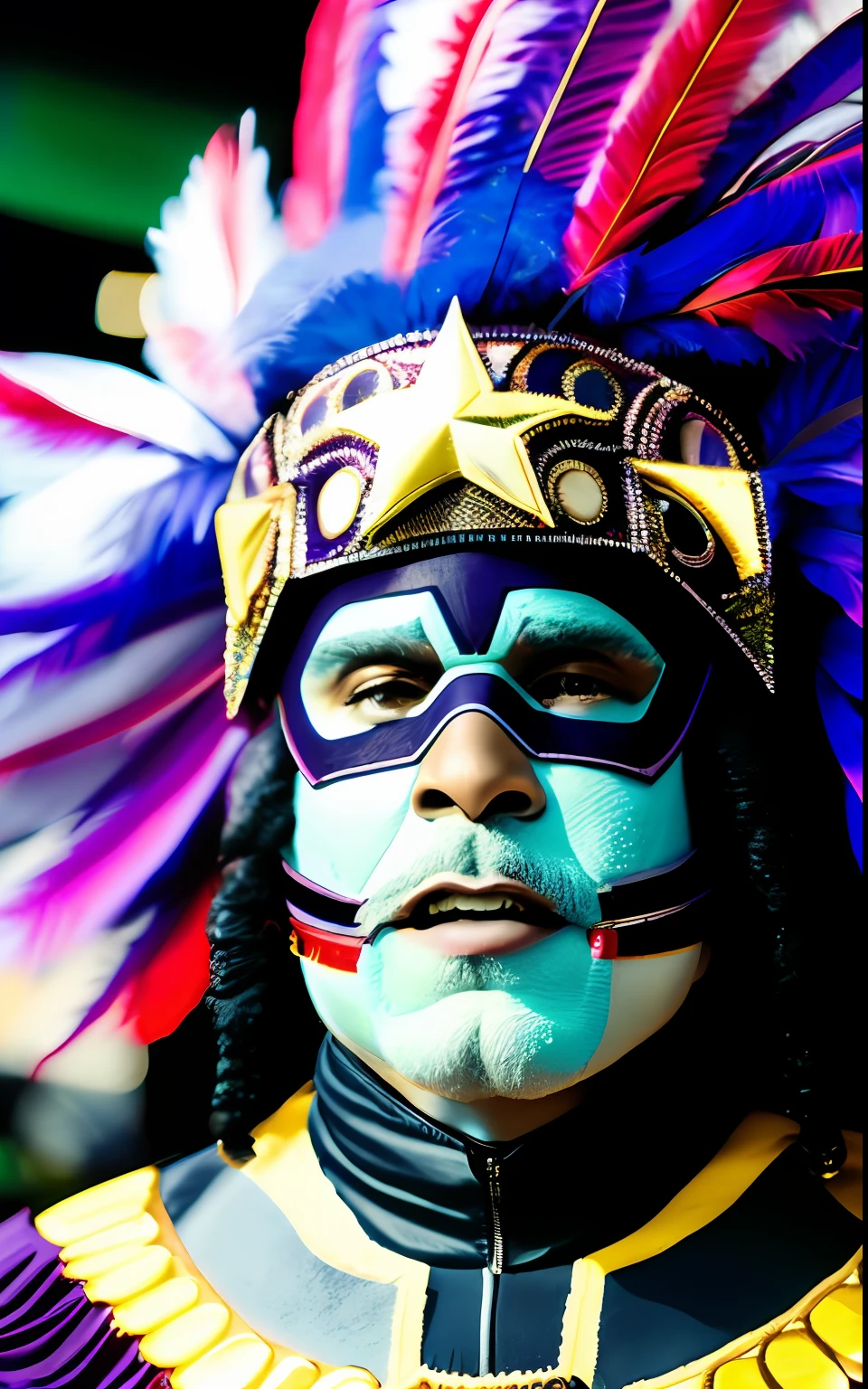 Captain America with big eyes "I AM THE BIG CHIEF" while wearing an elaborate diverse colorful feathered costume, analog photo, muted saturation, celebration, carnival, picture taken with Sony - Cinema Line FX30 Super 35 Camera, CHV3CBigChief, black and purple color scheme, fixed in post, color corrected, Professional, masterpiece, commissioned, best quality, Color Corrected, fixed in post