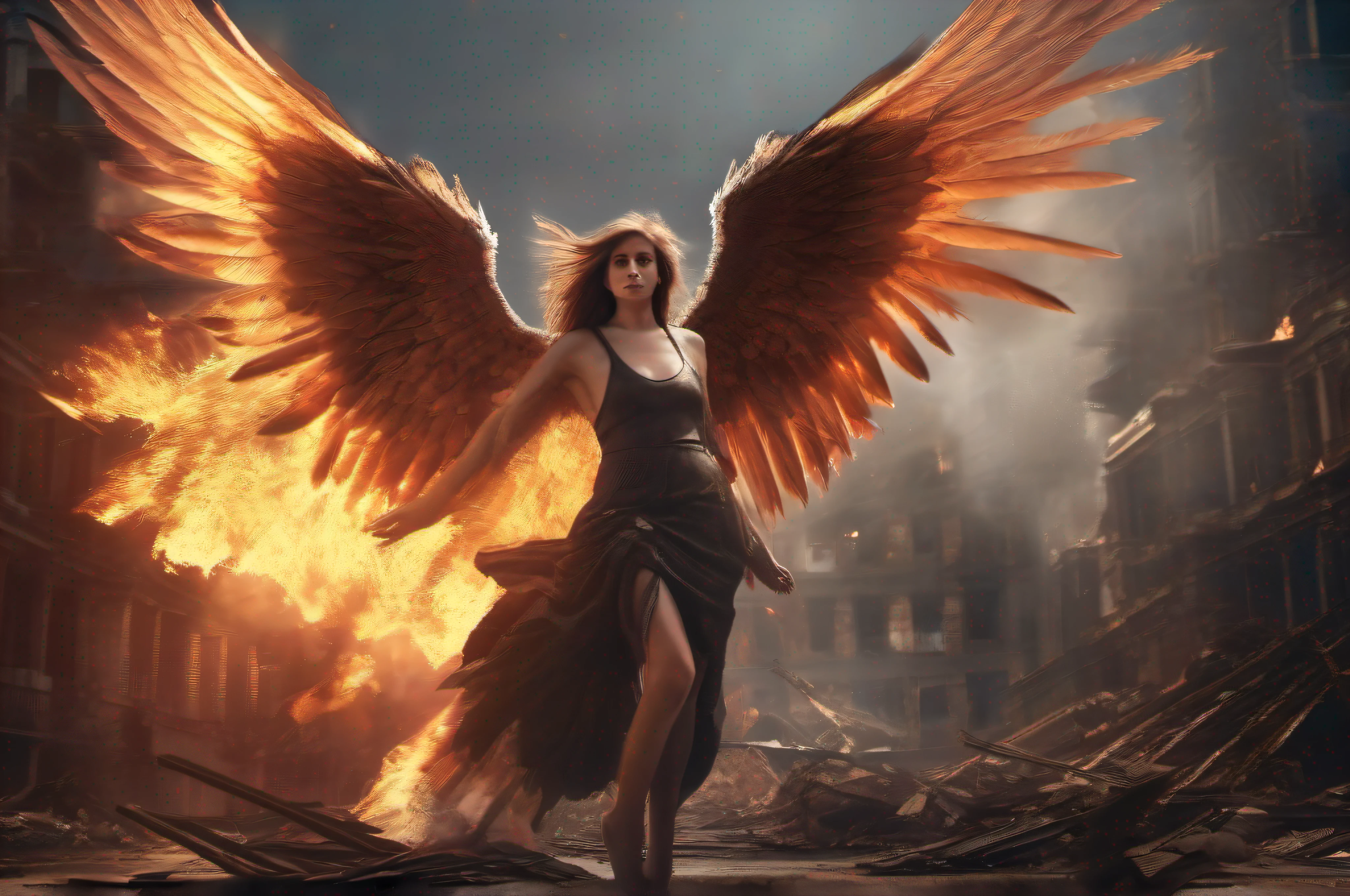 A 4K contrapicado digital painting of an injured evil fallen female angel with large wings surrounded by flames, plumage falling around, amidst crumbling rooftops in a burning apocalyptic city. Use shallow depth of field focused on the angel, cinematic lighting and shadows, in high resolution details.