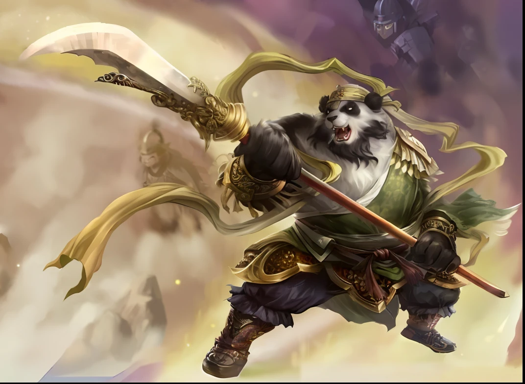 Close-up of panda holding a sword and sword, ferret warrior, bian lian, Inspired by Hu Zaobin, Wukong, son goku, Onmyoji detailed art, asura from chinese myth, inspired by Wu Daozi, by Yang J, inspired by Wu Zuoren, inspired by Wu Li。8K Ultra Clear，Ultra-detail of the face