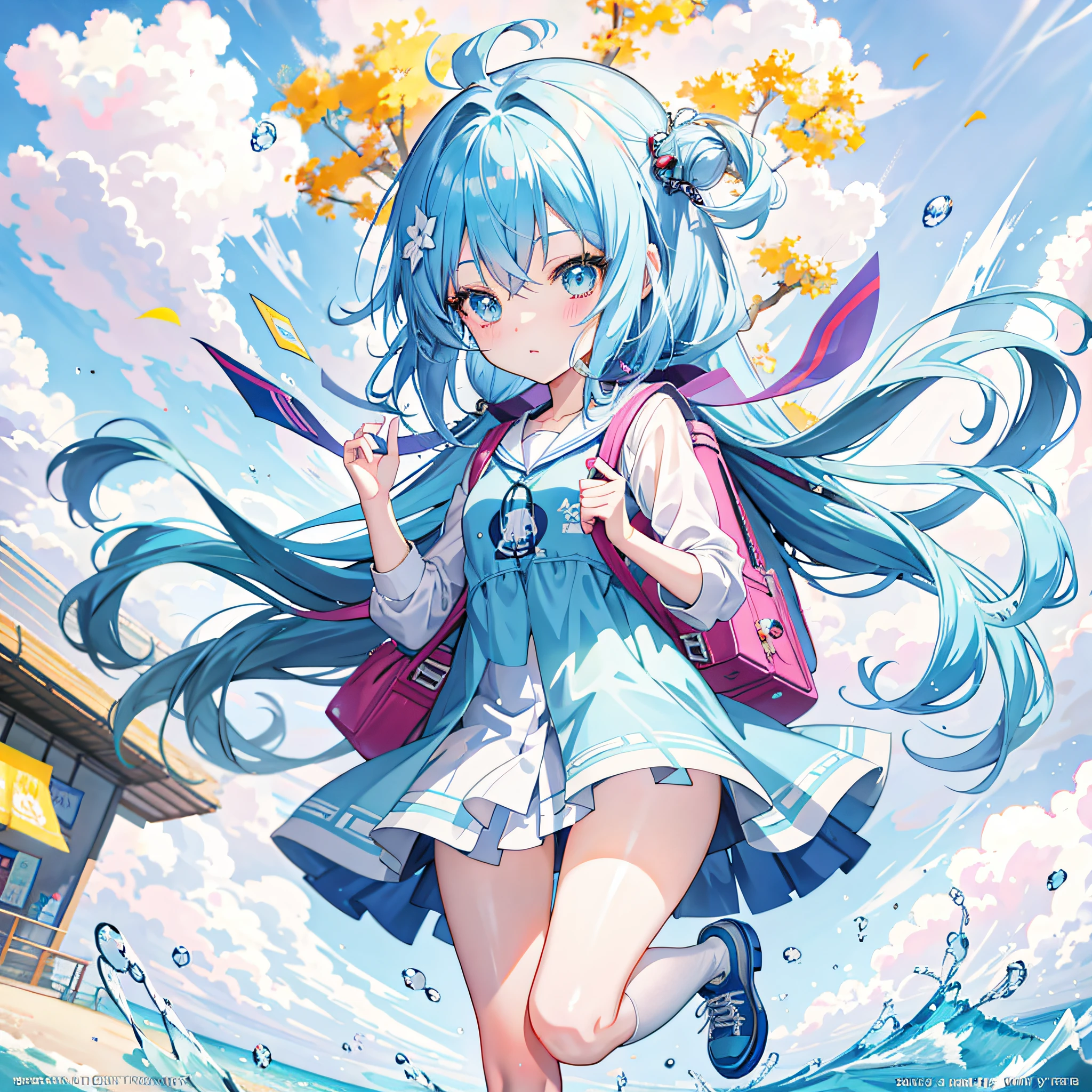 blue hairs，Anime Girl with Backpack Water Splashing Art Anime Lori, Anime art wallpaper 8 K, trending on artstation pixiv, Guweiz in Pixiv ArtStation, style of anime4 K, Anime art wallpaper 4 K, Anime art wallpaper 4k, Guweiz on ArtStation Pixiv, Digital art on Pixiv