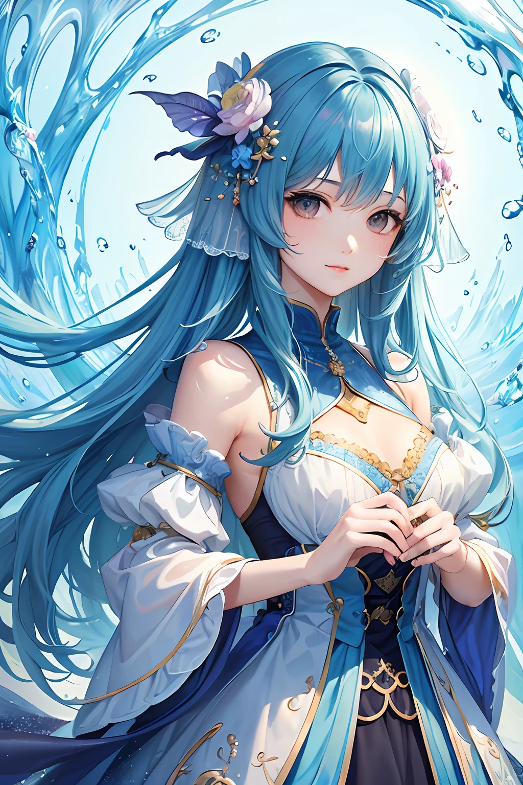 (masterpiece、top-quality、top-quality、Official Art、Beautifully Aesthetic:1.2)、(1girl in)、ighly detailed、(Fractal Art:1.3)、colourfull、highestdetailed、Hair turns into water、Water Fairy