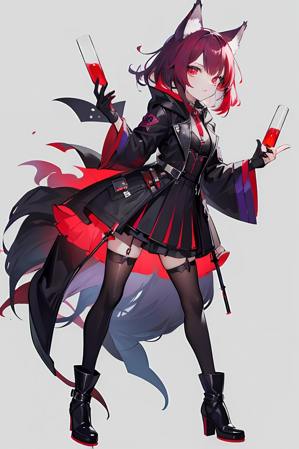 one-girl,There are wolf ears,One eye is red,Wolf tail,Holding several test tubes containing purple smoke poison,Black and red hair color,wearing a gothic dress,stocklings,young ,full bodyesbian ,Wear nice leather boots on your feet