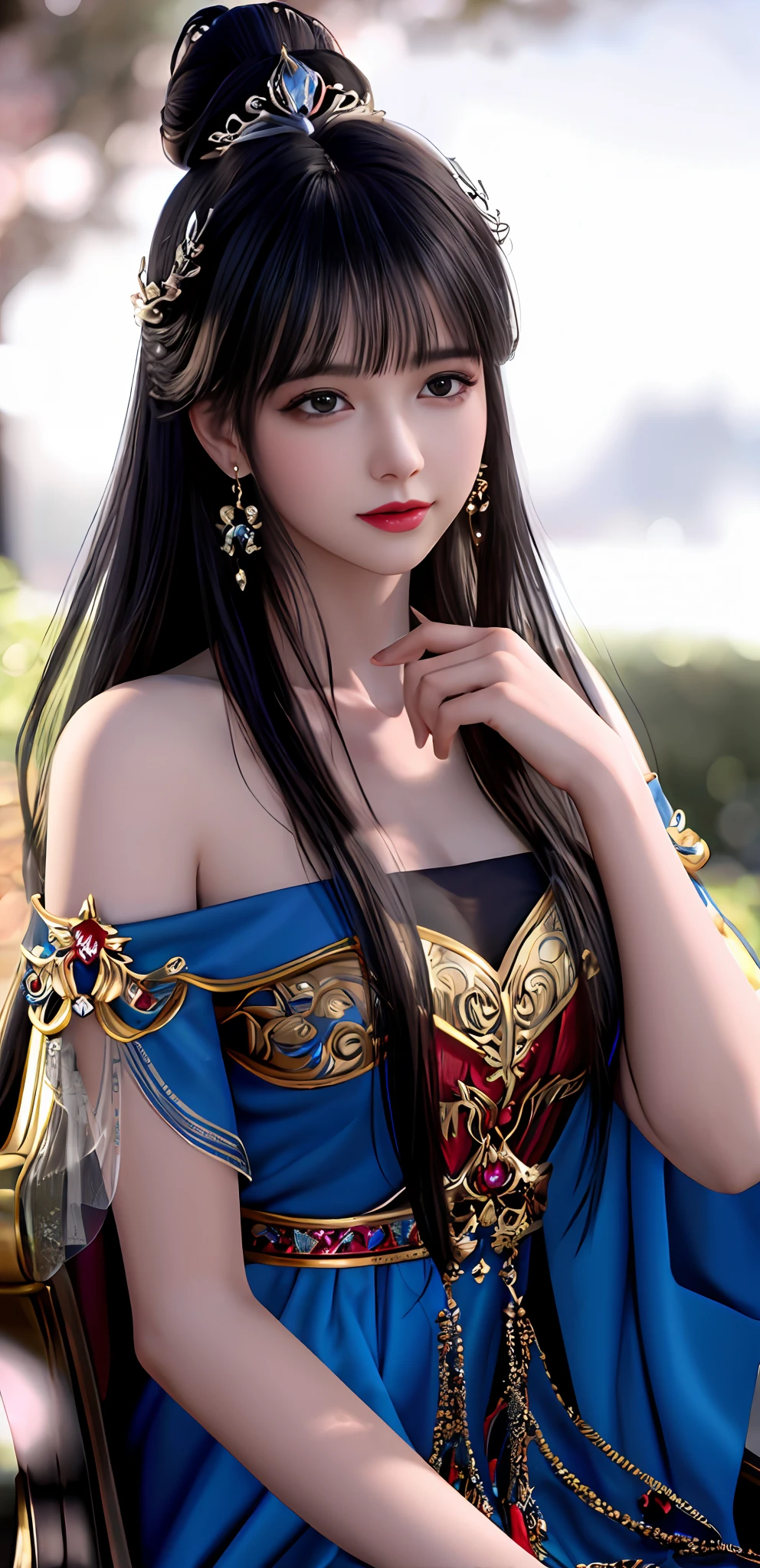 (realisticity: 1.2), best quality, 8K UHD, masterpiece, highres,cg,
1 super detailed girl, super detailed queen
, sitting on a super detailed royal throne, lud, xurious royal palace background, beautiful and detailed, super detailed long hair, wearing a beautiful and luxurious crown with diamonds and super detailed,
super detailed dress,
solo, jewelry, super detailed red and blue dress,
, earrings, super detailed hairdo, splashing, the upper body is very super detailed, super detailed hair bun, super detailed black hair,
lighting,candid,Photograph,high resolution,4k,8k,Bokeh,