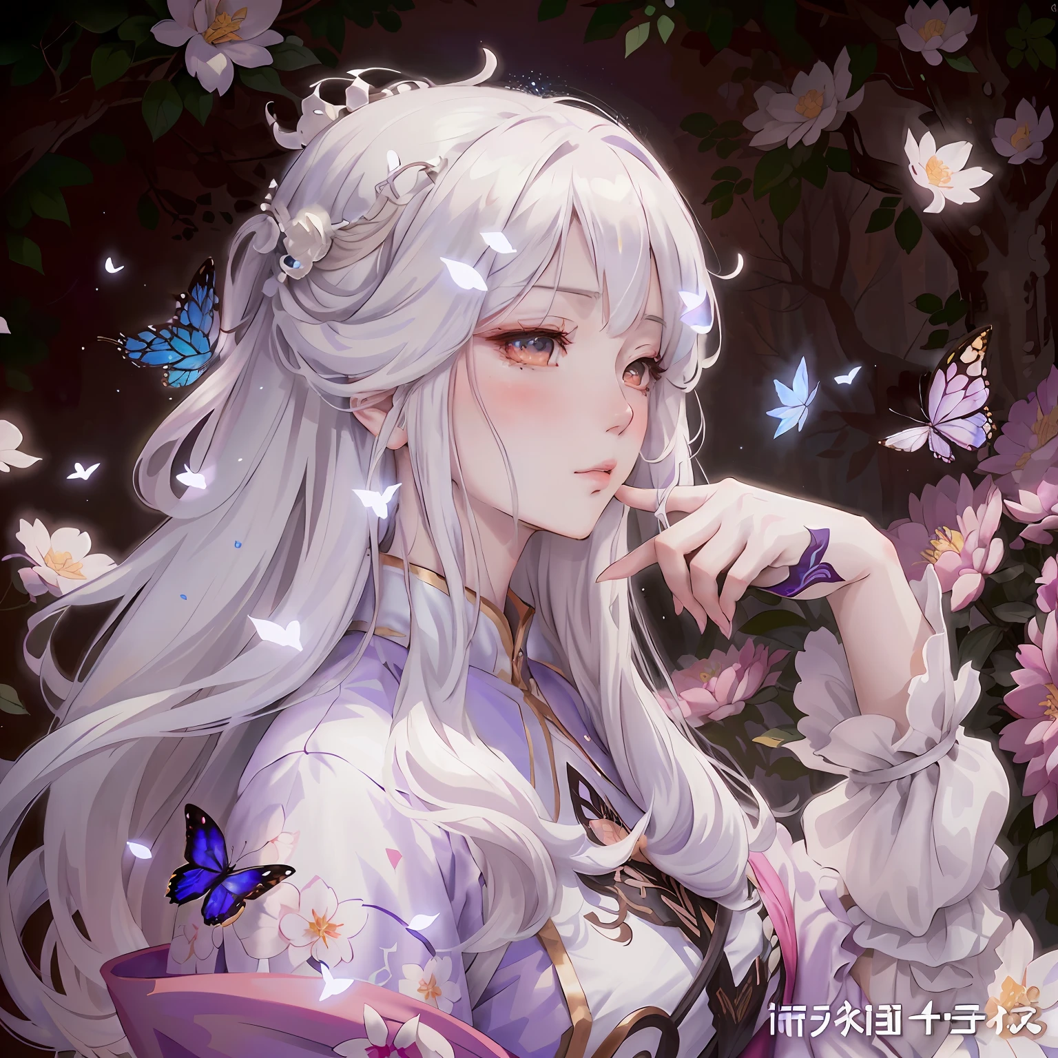 Anime girl with long white hair and butterfly wings in the garden, white-haired god, ((a beautiful fantasy empress)), author：Shitao, Guviz, Guweiz in Pixiv ArtStation, Keqing from Genshin Impact, Official artwork, a beautiful anime portrait, highly detailed exquisite fanart, Detailed digital anime art, Detailed key anime art, beautiful fantasy anime