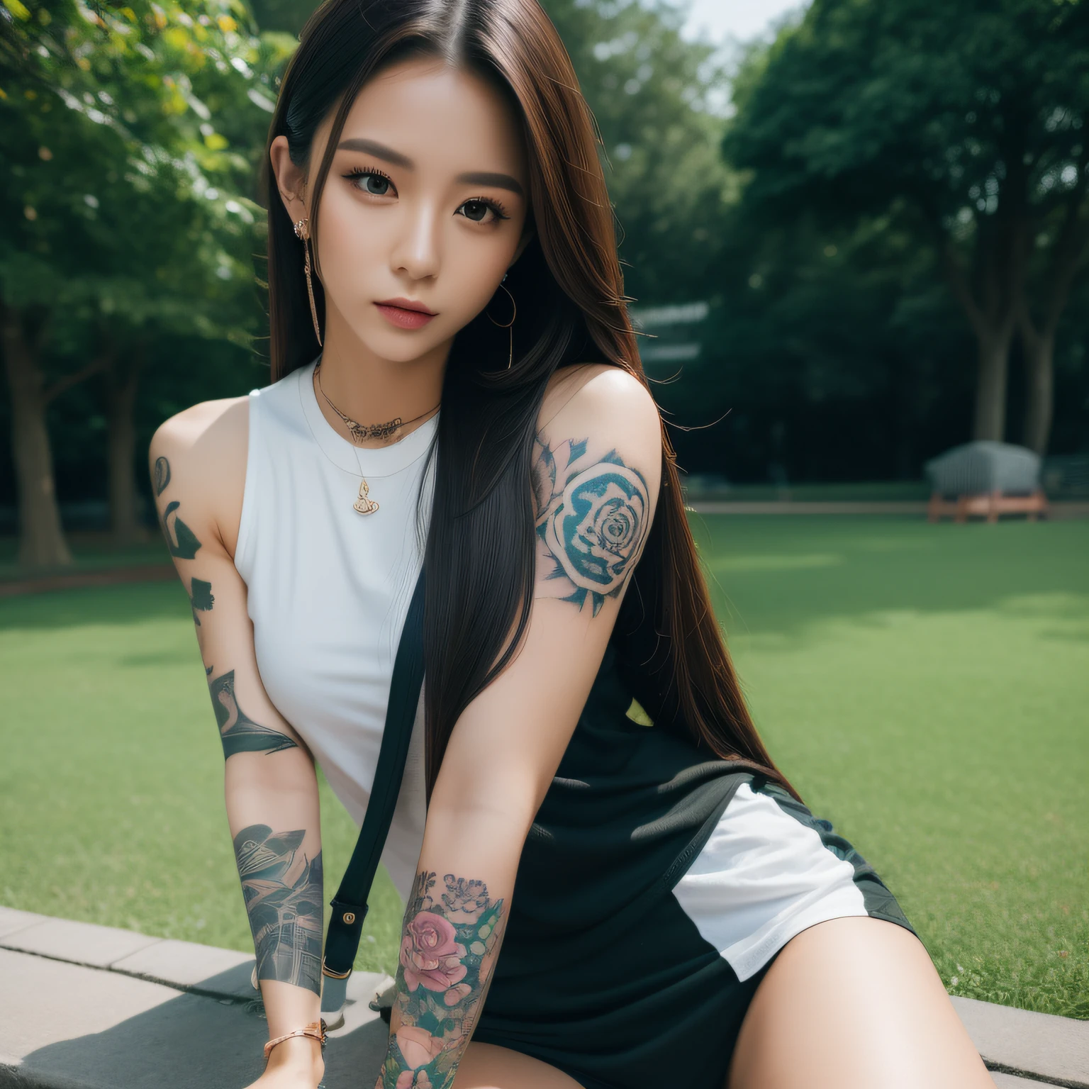 best quality, masterpiece, highres, 1girl, Beautiful face, photorealistic, 8k, UHD, long hair, arm tattoos, tattooed, muscular, Asian, female, dark skin, wearing smart casual clothes, busy park, sitting, (high detailed skin:1.2), 8k uhd, dslr, high quality, candid, Photograph, high resolution, 4k, 8k, alone, one girl, she is wearing smart casual clothes, woman in smart casual wear, smart clothes, sitting on a wall, green park, public park,