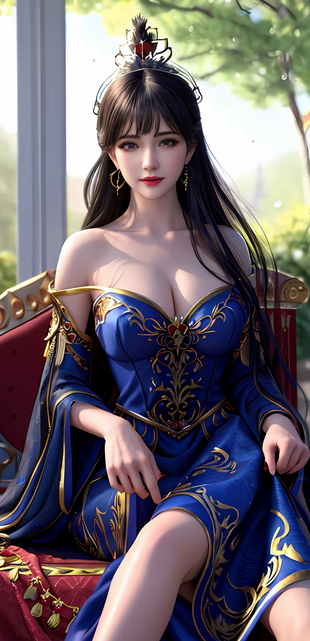 (realisticity: 1.2), best quality, 8K UHD, masterpiece, highres,cg,
1 super detailed girl, super detailed queen

, sitting on a super detailed royal throne, lud, xurious royal palace background, beautiful and detailed, super detailed long hair, wearing a beautiful and luxurious crown with diamonds and super detailed,

super detailed dress,
 solo, jewelry, super detailed red and blue dress,

, earrings, super detailed hairdo, splashing, the upper body is very super detailed, super detailed hair bun, super detailed black hair,
lighting,candid,Photograph,high resolution,4k,8k,Bokeh,