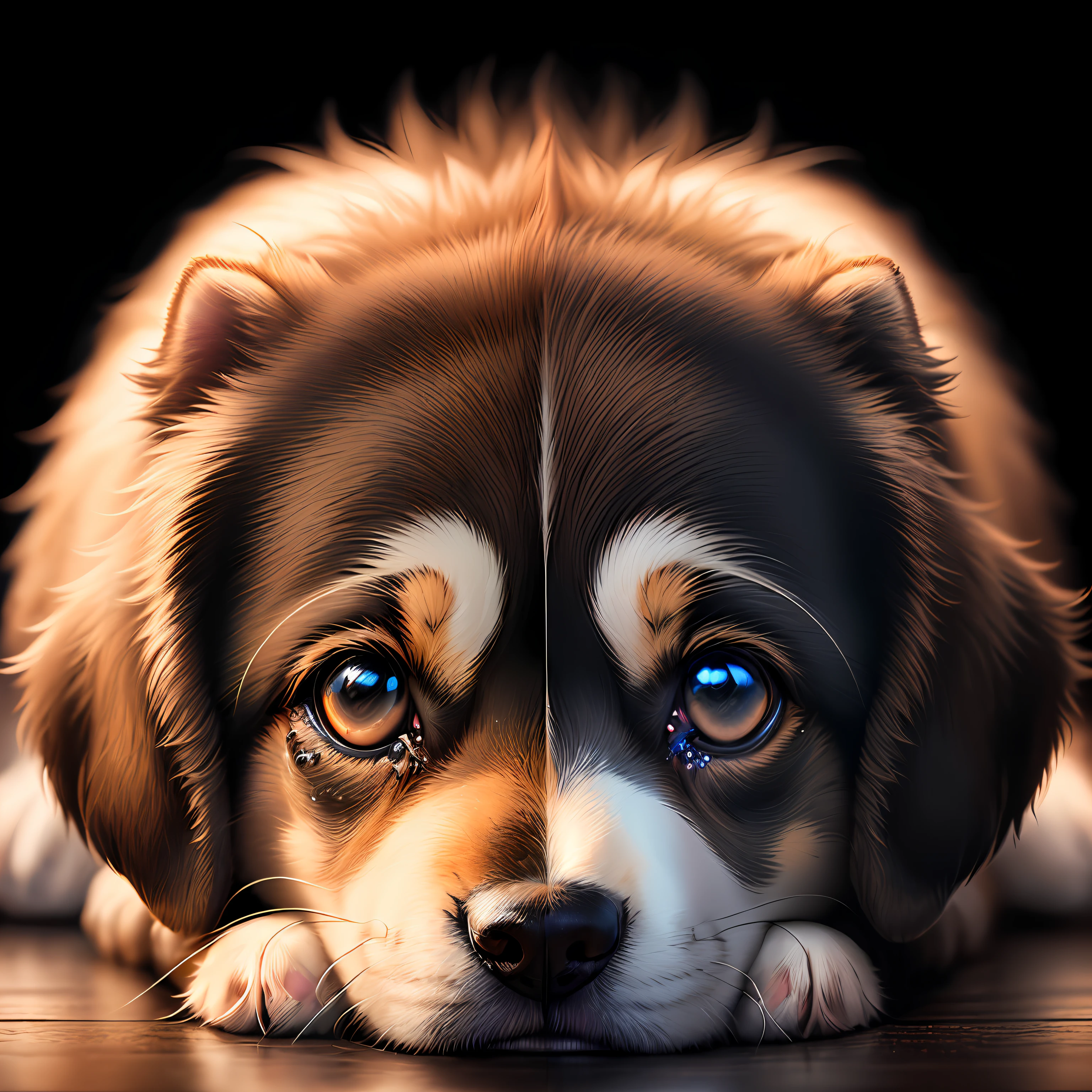 A Sad And Cute Puppy Watching Straight with Tears in Eye's, Black Background With Shiny Light, Ultra detailed, Ultra Realistic
