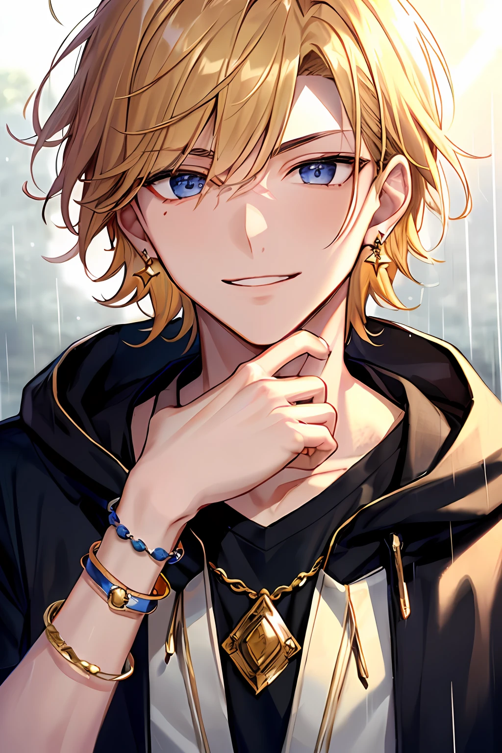 Best quality, More details, Mastery, 1boy , Male focus, Solo, bangs, view the viewer, Hood, Short hair, rain, tokyo tokyo \(tmasterpiece，Best quality at best，1 boy ，Golden hair，obstinate and unruly，Cowherd style，There are a lot of earrings，rays of sunshine，flirty，Bracelet，Dress stylishly\),Smile，facial closeups