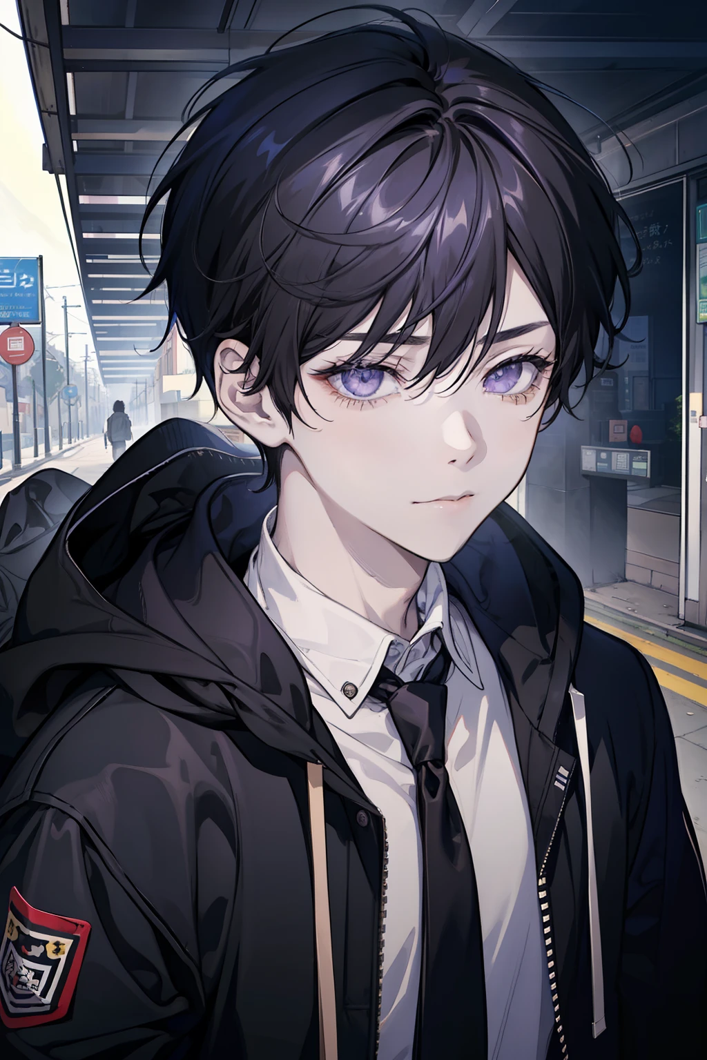 young boy, 1boy, short, bus stop, purple eyes, black hair, messy hair, bangs between eyes, best quality, day, masterpiece, colorful, black hoodie, upper body, wear headphone, looking at viewer, slight smirk, cunning, face focus