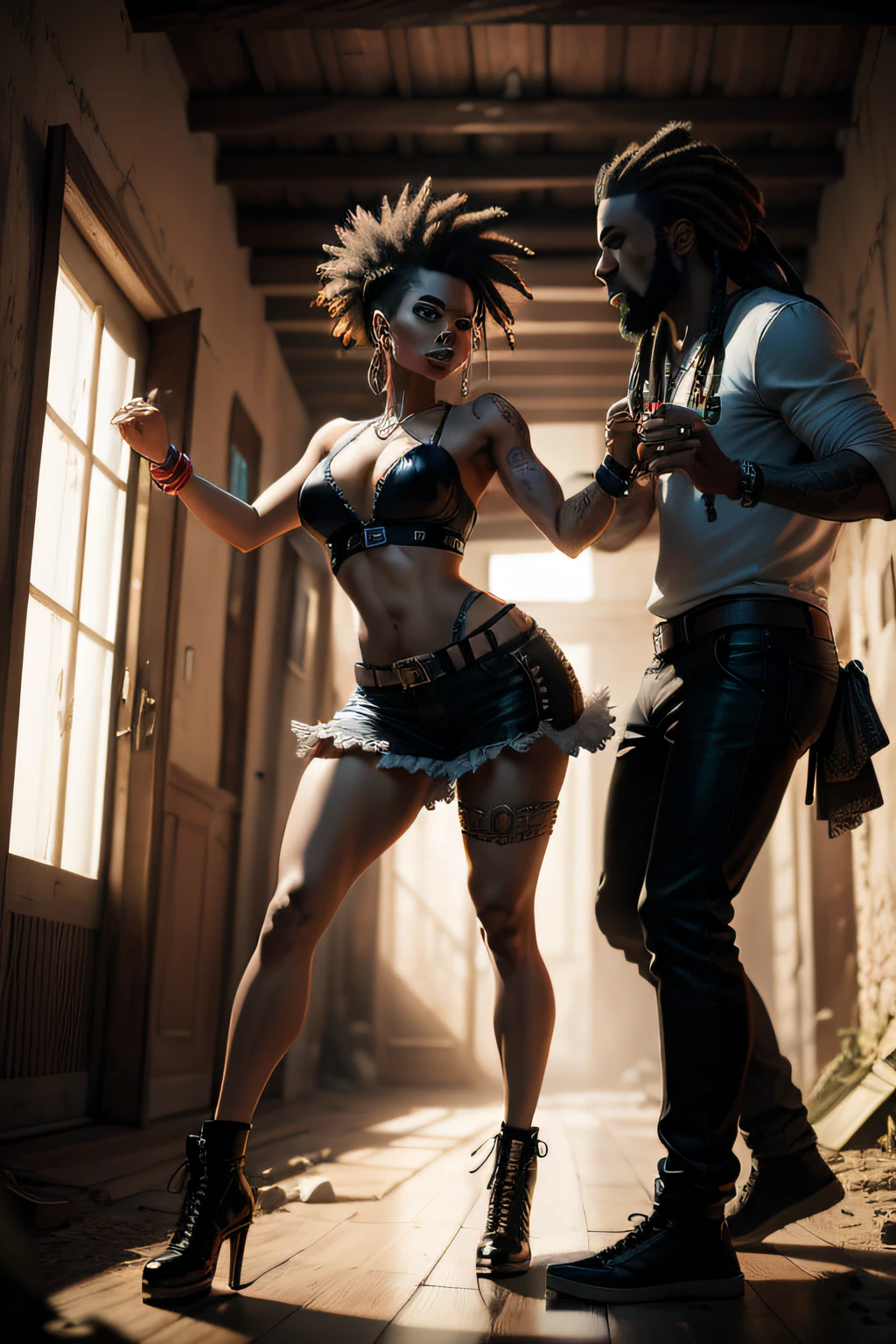 A punk-looking woman dances with a Rasta-looking man in an abandoned village in southern France. Comics us underground, fantagraphics, noir et blanc 4k.