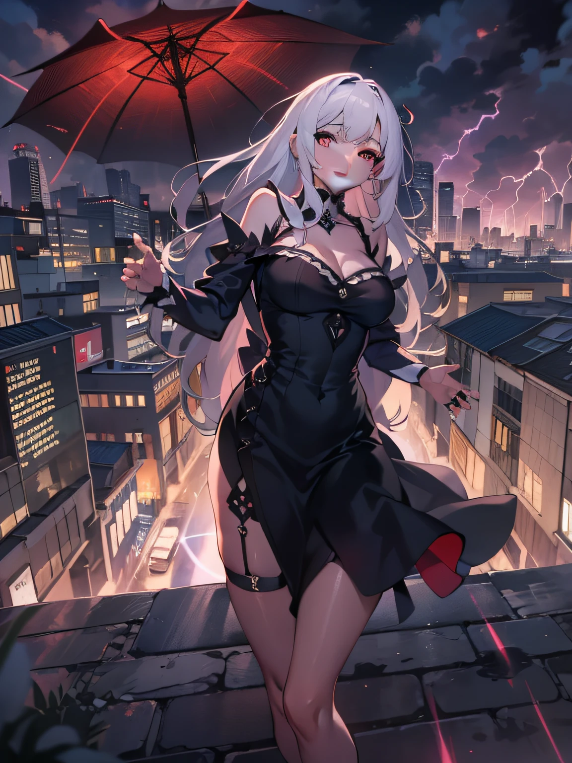 masutepiece、hight resolution、4K、Black goth-rowley girl floating in the city with lightning,Gothloli albino girl floating in the city with one hand,Woman in black dress with red and black hair, Gothic Maiden girl, girl in black dress, 1 7 year old girl,Old Goth girl, an elegant gothic princess, artwork in the style of guweiz, in the art style of bowater, dreamy gothic girl, 8k high quality detailed art, gothic art style, wearing a gothic dress,closing,Wearing underwear,Red Eyes,Looking down,white hair,Wind,Head tilt,White hair, Silver hair, Long hair, Blunt bangs, Straight hair, Big hair, expressive hair, (Red eyes that glow intensely:1.8), Downward eyes, (Red Eyes:1.5),small tits,Thin leg,Crazy, Disappointed,wide Shots,wide angles,sideshot,3 views,,(Close up portrait of a person in a black dress flies over the city:1.7),People fleeing the busy streets of a city lined with shops々々々々々々々々々々々々々, busy street, Street crowded with people, photograph of the city street, japanese downtown, Traditional Cities of Japan, Busy streets,busy cityscape, bustling city, Crowded with people, Bustling streets in the moon, crowdedstreets, shutterstock, Bustling small town streets,bad weather、A huge amount of purple lightning came out of the girl's hand and hit the city,Dark clouds cover the city pierced by clouds of lightning, Lightning clouds, Atmospheric lightning, Pink lightning, With thunderstorms, Dark storm with lightning, Dramatic purple lightning, Lightning in the sky, Contrast Lightning, thunderstorm in the sky, Lightning in the background, With lightning, Stormy weather with lightning, Upper volumetriclightning,Effect of wearing purple aura,(Control a large number of lightning with open arms:1.4),Destroy the city with a girl's lightning attack,Called nose,Lightning effect on both hands,Countless balls glowing purple around the girl,goddess of lightning, Storm, Storm outside, She attracts a lot of purple lightning,
