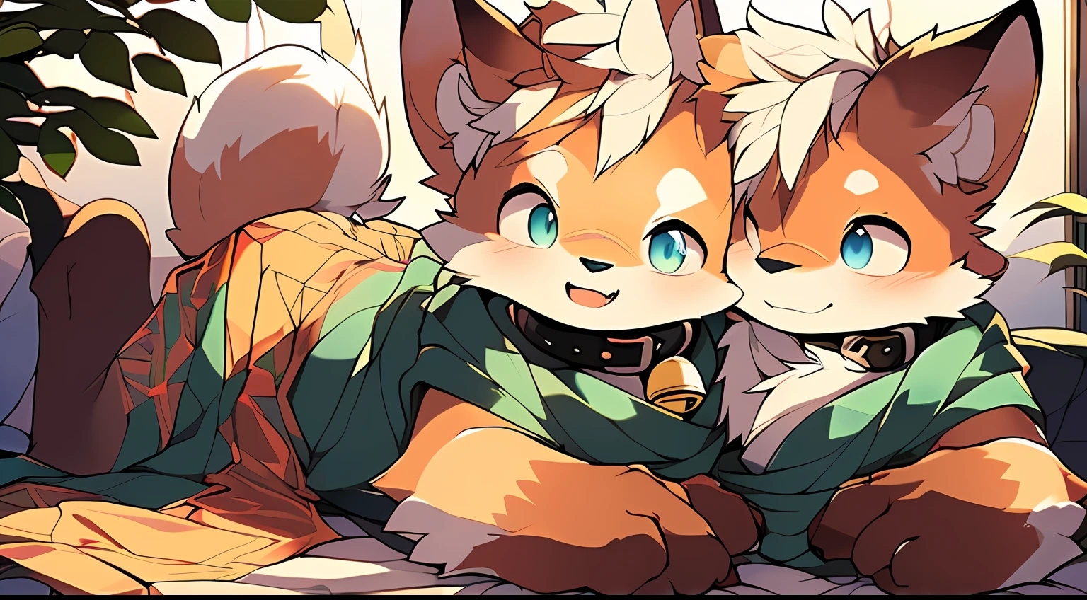 Style picture of a squirrel lying on bed with limbs spread,，A bell collar is hung around his neck， Shota，large tail，Shota，Drooling in the mouth，Wet hands，commission on furaffinity, very very beautiful furry art, furaffinity commission, squirrels, jazza and rossdraws, Furry art!!!, zerochan art, Colorful squirrel city, Detailed fanart, fursona art, wearing fancy clothes, Furry tail,