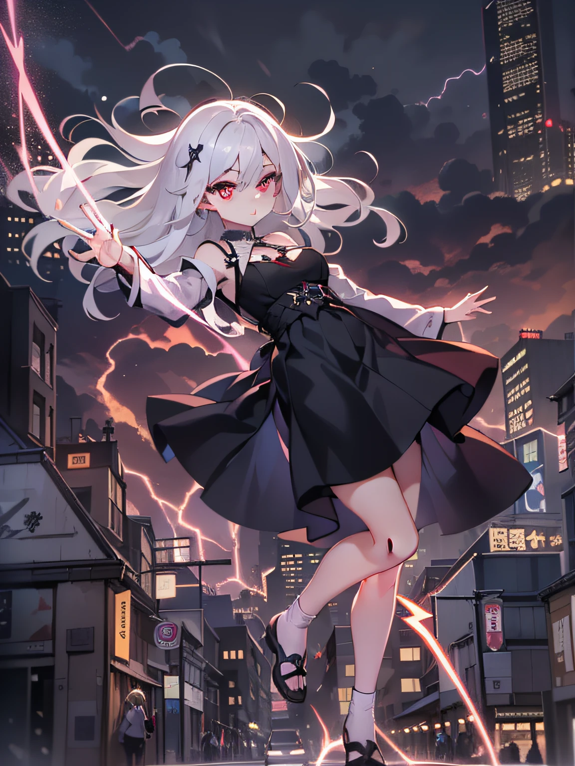 masutepiece、hight resolution、4K、Black goth-rowley girl floating in the city with lightning,Gothloli albino girl floating in the city with one hand,Woman in black dress with red and black hair, Gothic Maiden girl, girl in black dress, 1 7 year old girl,Old Goth girl, an elegant gothic princess, artwork in the style of guweiz, in the art style of bowater, dreamy gothic girl, 8k high quality detailed art, gothic art style, wearing a gothic dress,closing,Wearing underwear,Red Eyes,Looking down,white hair,Wind,Head tilt,White hair, Silver hair, Long hair, Blunt bangs, Straight hair, Big hair, expressive hair, (Red eyes that glow intensely:1.8), Downward eyes, (Red Eyes:1.5),small tits,Thin leg,Crazy, Disappointed,wide Shots,wide angles,sideshot,3 views,,(Close up portrait of a person in a black dress flies over the city:1.7),People fleeing the busy streets of a city lined with shops々々々々々々々々々々々々々, busy street, Street crowded with people, photograph of the city street, japanese downtown, Traditional Cities of Japan, Busy streets,busy cityscape, bustling city, Crowded with people, Bustling streets in the moon, crowdedstreets, shutterstock, Bustling small town streets,bad weather、A huge amount of purple lightning came out of the girl's hand and hit the city,Dark clouds cover the city pierced by clouds of lightning, Lightning clouds, Atmospheric lightning, Pink lightning, With thunderstorms, Dark storm with lightning, Dramatic purple lightning, Lightning in the sky, Contrast Lightning, thunderstorm in the sky, Lightning in the background, With lightning, Stormy weather with lightning, Upper volumetriclightning,Effect of wearing purple aura,(Control a large number of lightning with open arms:1.4),Destroy the city with a girl's lightning attack,Called nose,Lightning effect on both hands,Countless balls glowing purple around the girl,goddess of lightning, Storm, Storm outside, She attracts a lot of purple lightning,