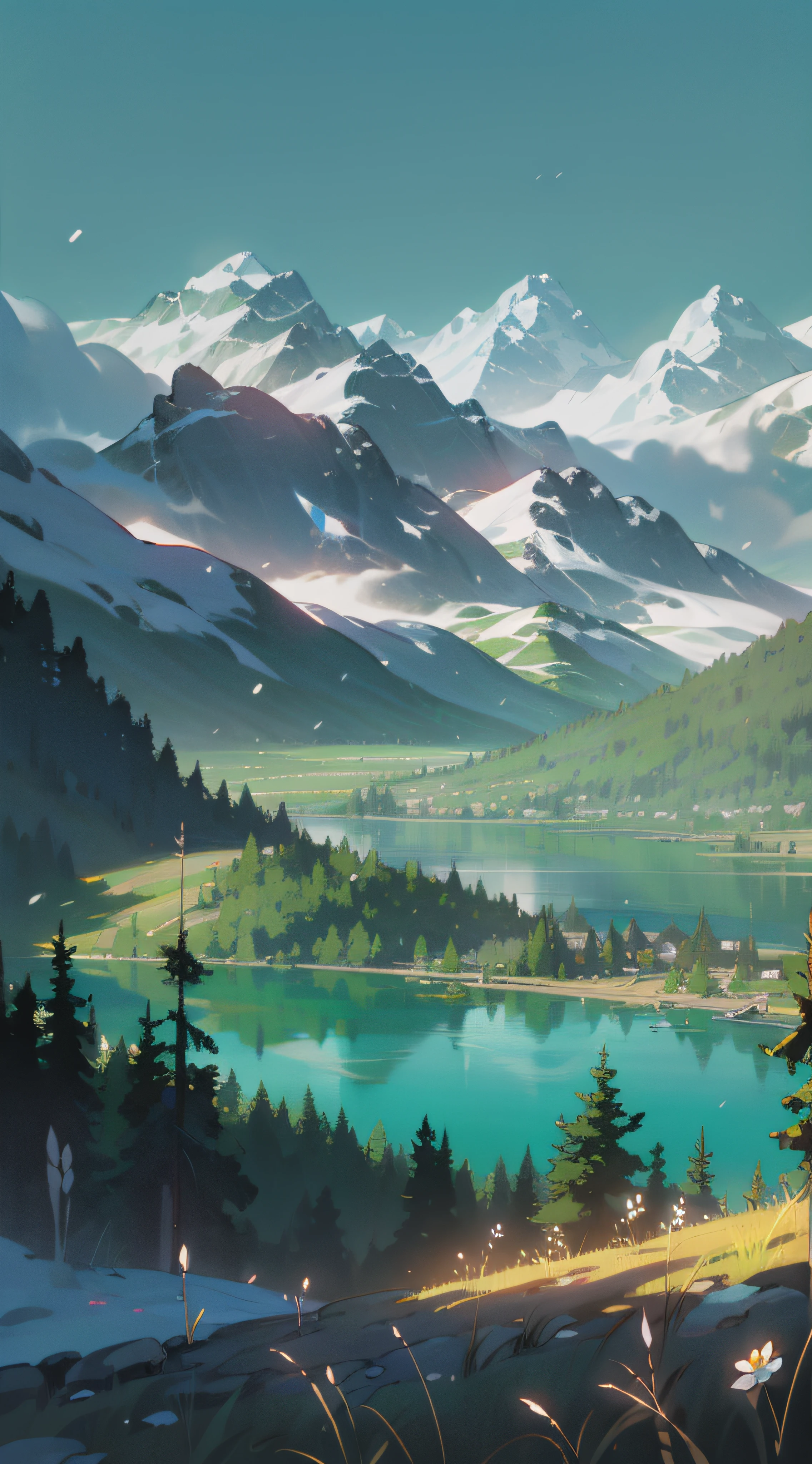 Towering snow-capped mountains, turquoise lake, (forest), flowers, trees, grass, bamboo, spring, sunny, strong sunlight, chiaroscuro, cliffs, panoramao, 8K, high quality