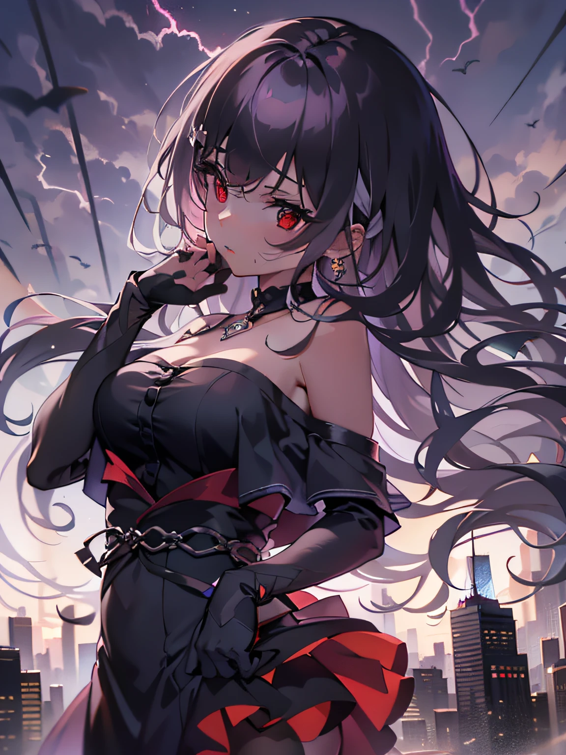 masutepiece、hight resolution、4K、Black goth-rowley girl floating in the city with lightning,Gothloli albino girl floating in the city with one hand,Woman in black dress with red and black hair, Gothic Maiden girl, girl in black dress, 1 7 year old girl,Old Goth girl, an elegant gothic princess, artwork in the style of guweiz, in the art style of bowater, dreamy gothic girl, 8k high quality detailed art, gothic art style, wearing a gothic dress,closing,Wearing underwear,Red Eyes,Looking down,white  hair,Wind,Head tilt,White hair, Silver hair, Long hair, Blunt bangs, Straight hair, Big hair, expressive hair, (Red eyes that glow intensely:1.8), Downward eyes, (Red Eyes:1.5),small tits,Thin leg,Crazy, Disappointed,wide Shots,wide angles,sideshot,3 views,,(Close up portrait of a person in a black dress flies over the city:1.7),People fleeing the busy streets of a city lined with shops々々々々々々々々々々々々々, busy street, Street crowded with people, photograph of the city street, japanese downtown, Traditional Cities of Japan, Busy streets,busy cityscape, bustling city, Crowded with people, Bustling streets in the moon, crowdedstreets, shutterstock, Bustling small town streets,bad weather、A huge amount of purple lightning came out of the girl's hand and hit the city,Dark clouds cover the city pierced by clouds of lightning, Lightning clouds, Atmospheric lightning, Pink lightning, With thunderstorms, Dark storm with lightning, Dramatic purple lightning, Lightning in the sky, Contrast Lightning, thunderstorm in the sky, Lightning in the background, With lightning, Stormy weather with lightning, Upper volumetriclightning,Effect of wearing purple aura,(Control a large number of lightning with open arms:1.4),Destroy the city with a girl's lightning attack,Called nose,Lightning effect on both hands,Countless balls glowing purple around the girl,goddess of lightning, Storm, Storm outside, She attracts a lot of purple lightning,