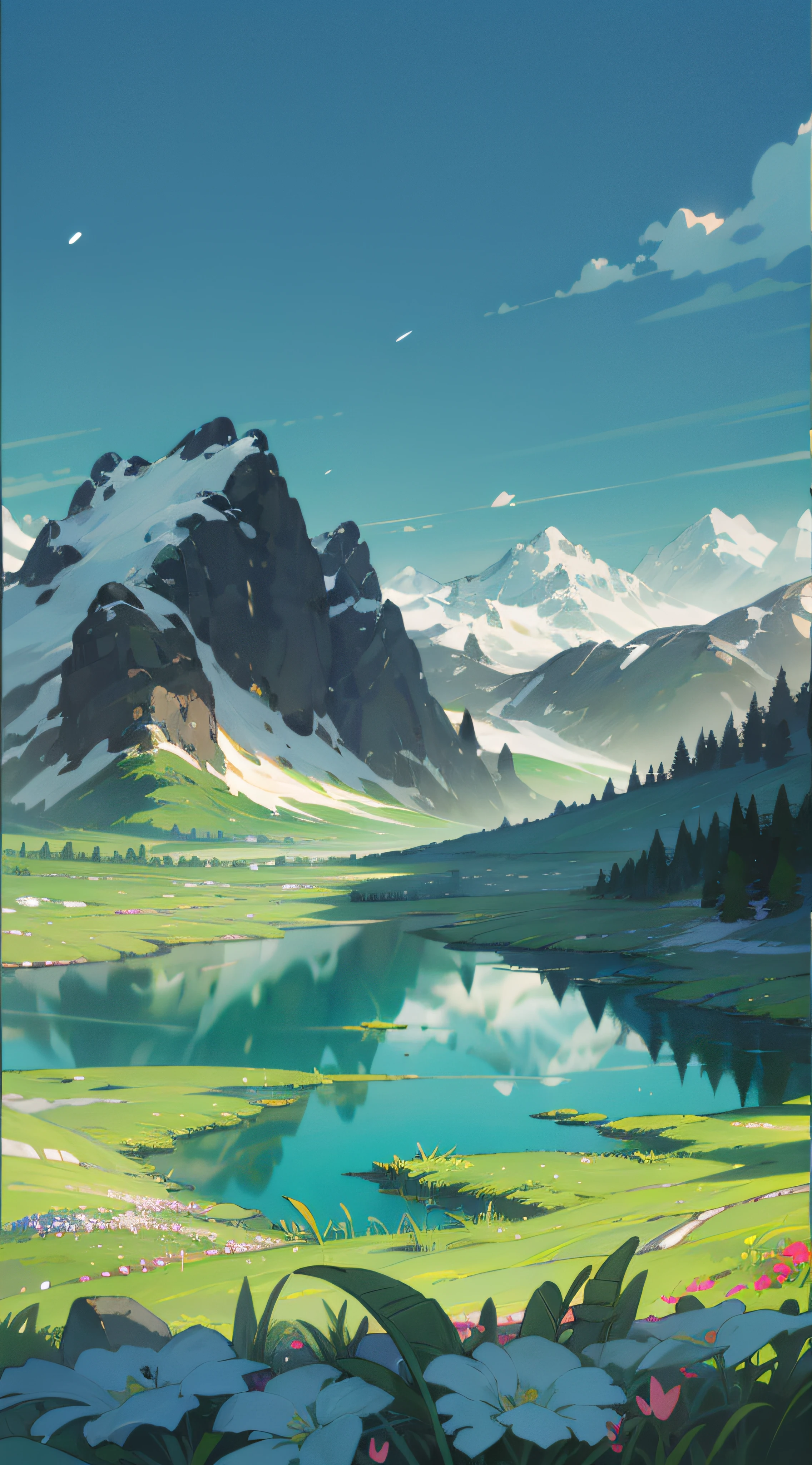Towering snow-capped mountains, turquoise lake, (forest), flowers, trees, grass, bamboo, spring, sunny, strong sunlight, chiaroscuro, cliffs, panoramao, 8K, high quality