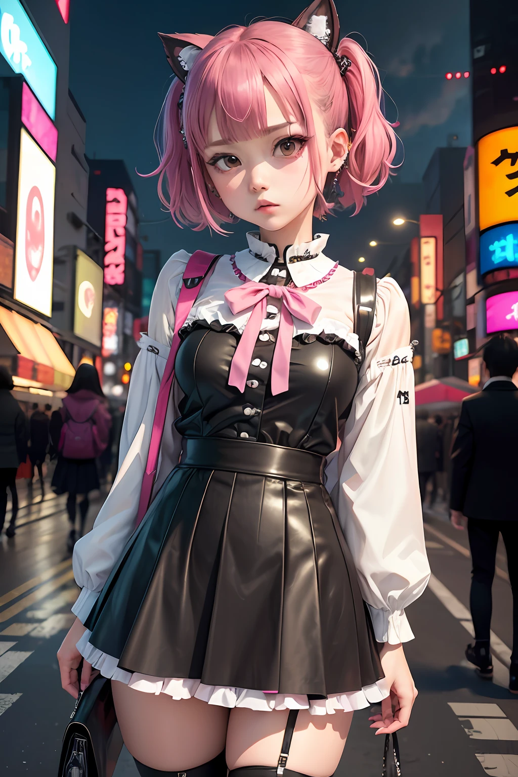 (Masterpiece, Award winning , Best Quality:1. 2), art by Shintaro Kago, solo, menhera, Yamikawa Punk, jirai kei, (jirai kei fashion:1. 1), detailed face, pink eyes, white Blouse, Frills, Skirts, Various accessories, (ear piercing), Japanese subculture, fashion, grunge, noise pop, Manic, punky style, (Akihabara:1. 1)\, Stockings, colorful, pink theme, (Dark circles:1. 2), 16k, UHD, HDR, (Masterpiece:1. 5), (best quality:1. 5),