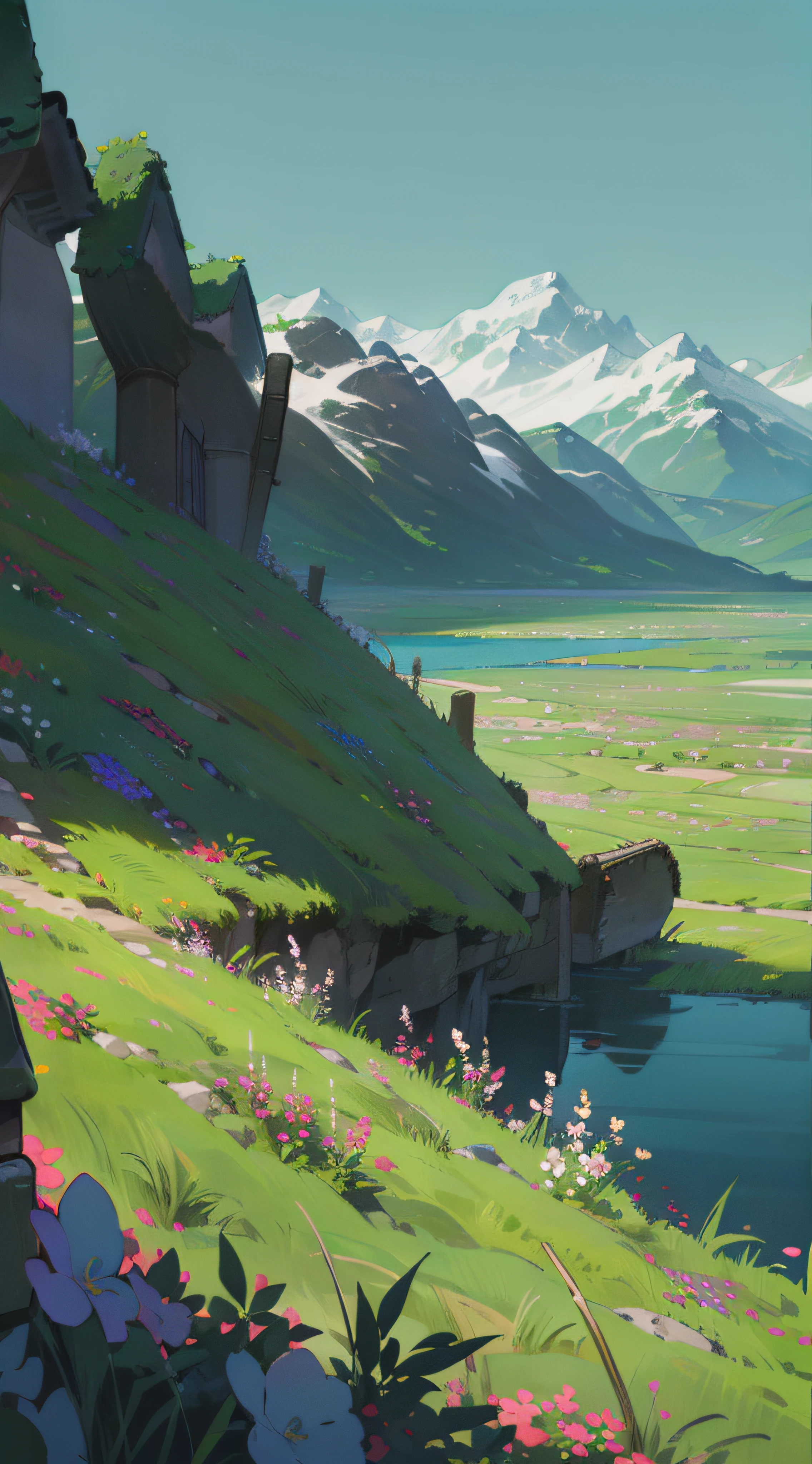 Towering snow-capped mountains, turquoise lake, (forest), flowers, trees, grass, bamboo, spring, sunny, strong sunlight, chiaroscuro, cliffs, panoramao, 8K, high quality