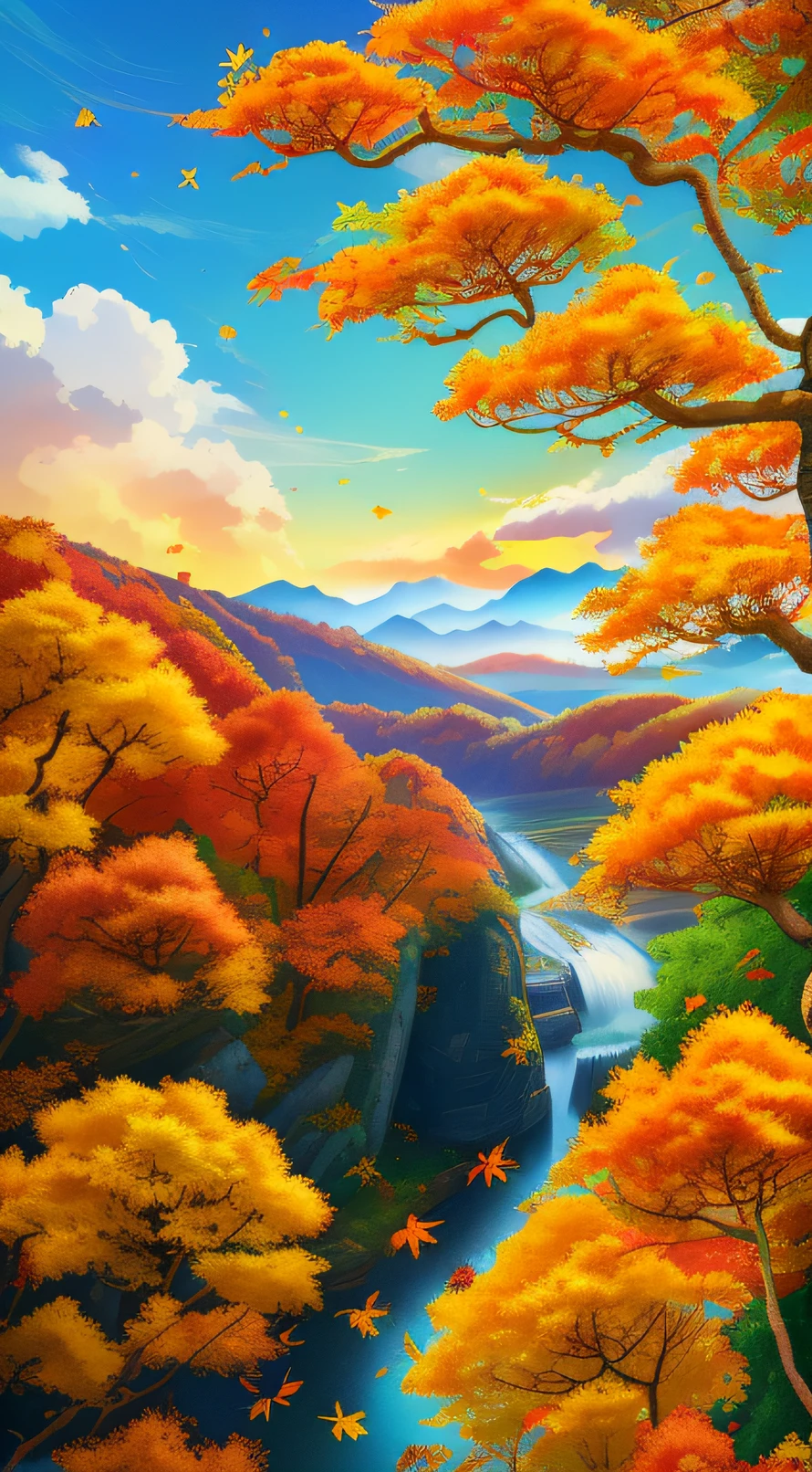 autumnal，Chinese solar terms poster，autumnal，Yellow leaves，fall leaves，Yellow leaves，mont，Foliage，Autumn landscape，Twenty solar terms，Traditional Chinese solar term term，autumnal，tmasterpiece、8K ，Faraway view，balmy autumn day，with blue sky and white clouds，fortune，