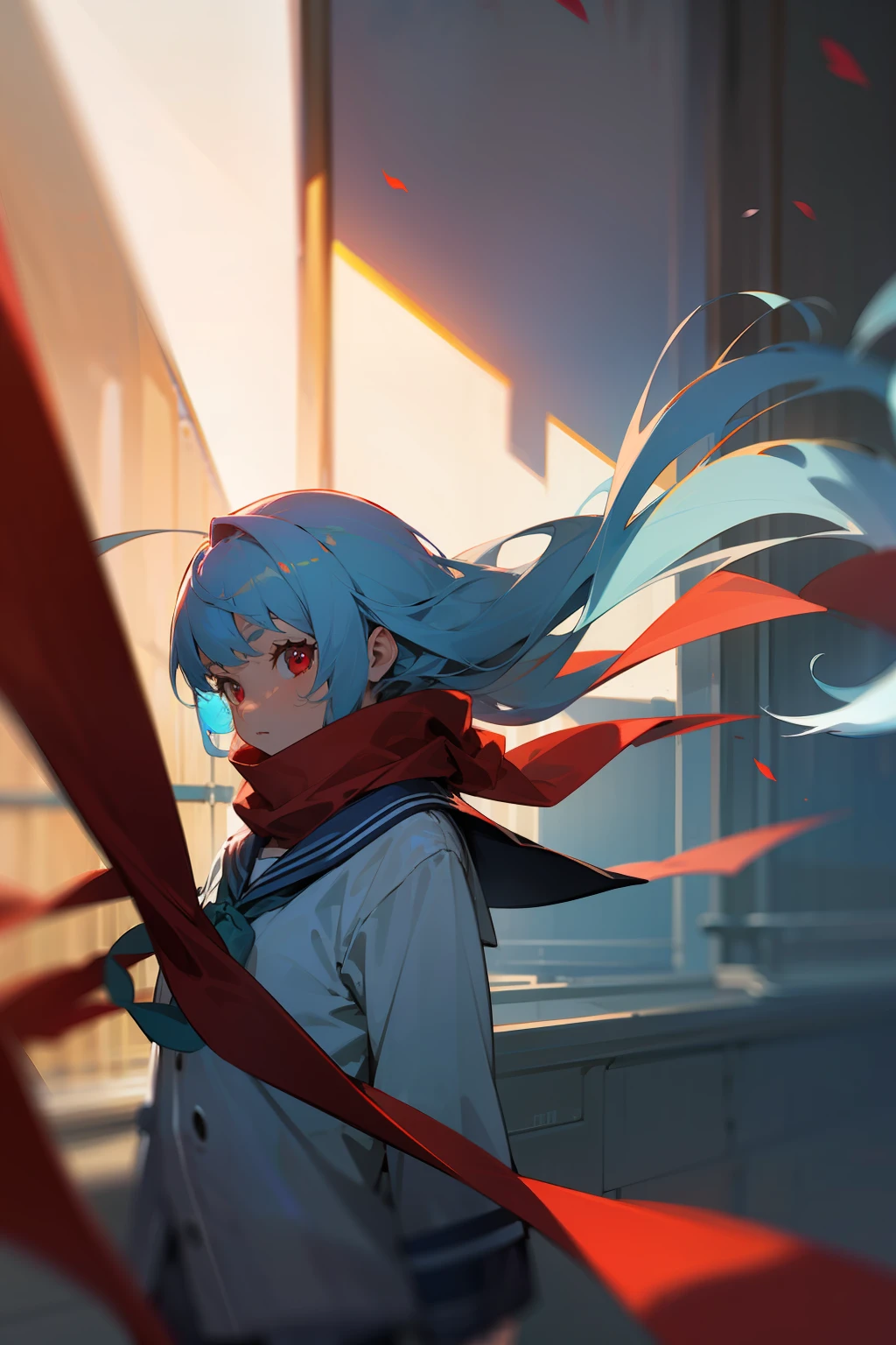 artistic photograph, Real light and shadow on a sunny day,autumnal,On the road,((a sailor suit)),1 beautiful girl,vivaciousness,(((Light blue hair))),Red eyes,(long whitr hair),(Red scarf)