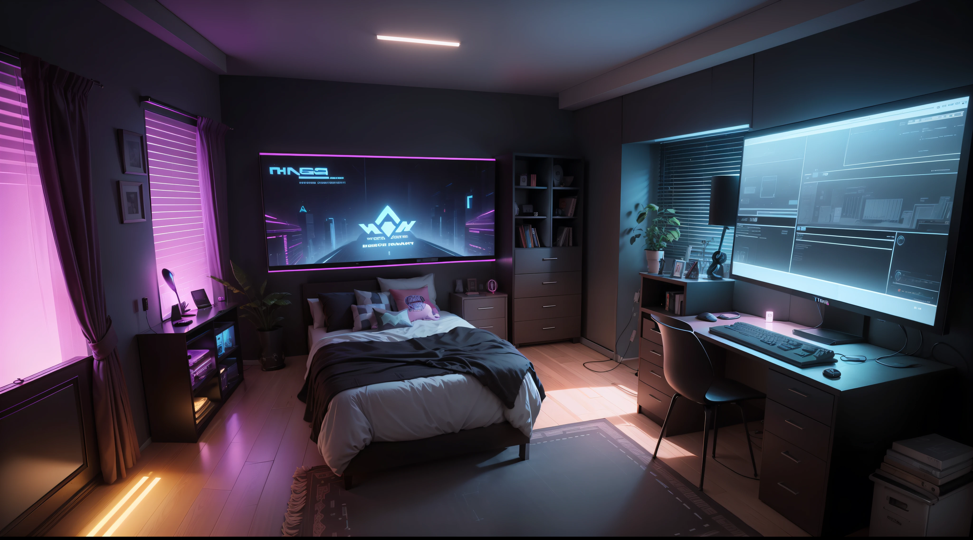 （（best qualtiy））， （（tmasterpiece））， 1 girl， Bedrooms， gaming bedroom， Hack player desktop， Code diagrams， neon room，Curved display