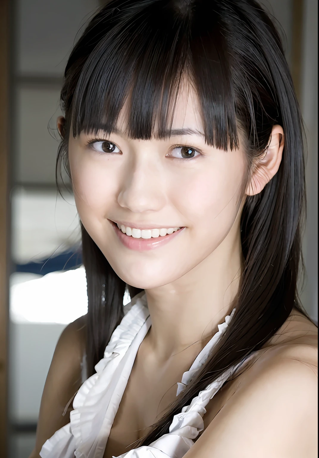 Top quality, ultra high resolution, (photorealistic: 1.4), dull bangs, bright smile, dress shirt,