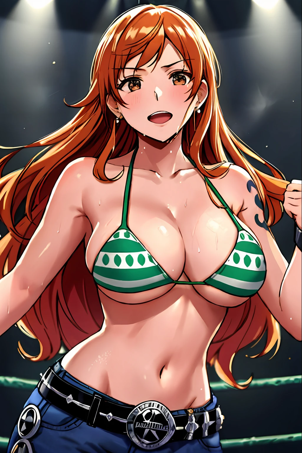 detailed background, wrestling stage, wrestling match, masterpiece, 4k, (wwe:1.1), turnbuckle, (((wrestling ring robes behind))), wrestling robes, holding ring robes, leaning on turnbuckle, epic, best quality, late youth, adult, wrestler body, strong, 1girl, active, energic, (large mouth) , solo, nami \(one piece\), 1girl, bangle, (very wet, drenched in sweat, sweat all over body, very wet hair, tired, open mouth, exhausted, shouting, sweaty face, sweaty body, sweating too much, shiny sweat, leaning, serious, glaring, open eyes, perfect detailed face, round face, sweat on face) bold drawing lines, muscular arms, detailed bold arm lines, flat jaw, adult woman, wavy wide streaked bangs, floating bang, (big cheeks), bare shoulders, belt, bikini, bikini top only, bracelet, springy breasts, breast lines, big round eyes, very big brown shiny eyes, high eye position, cleavage, denim, earrings, floating hair, shiny hair, green belt, green bikini, bold groin lines, jeans, jewelry, medium breasts, log pose, long hair, looking at viewer, big navel, wet hair, orange hair, pants, shoulder tattoo, sidelocks, solo, standing, stomach, swimsuit, tattoo, looking at viewer, open mouth, detailed left arm, big forehead, hourglass figure, small head, toned body, wide hair, wind effect, narrow small ears angle, older, random poses,
