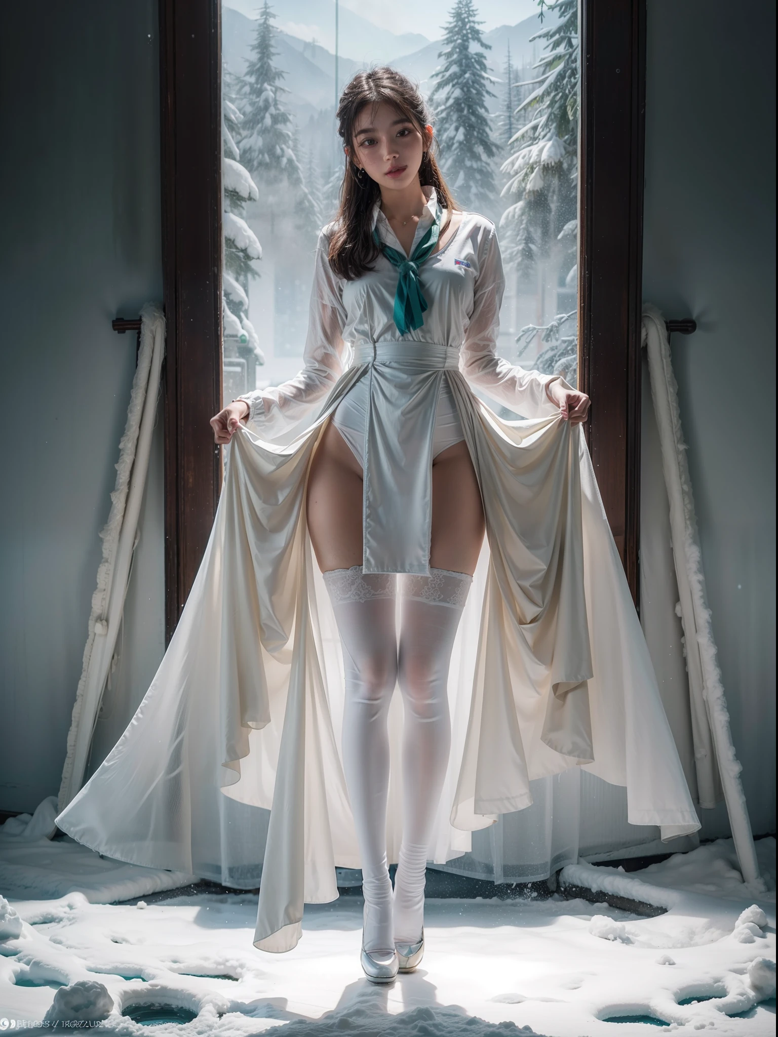 (Full body shot:2), (1girll:1.2), anatomy correct, Must show your face, Dance on snow-capped mountain tops，There is a lot of snow, The breath of nature, Uniform high heels must be worn,Over-the-knee stockings， （In pink|amarelo|blue colors|green color|red colour|white colors|black in color|purpleish color|greys|Beige|Skin color）, Wearing a JK student uniform， (gloss on the skin:1.3),Many jewelry, A shallow laugh, anatomy correct, Complex and diverse backgrounds, hyper HD, Ray traching, reflective light, structurally correct, Award-Awarded, high detal, lightand shade contrast, Face lighting, tmasterpiece, super detailing, high high quality, high detal, best qualityer, Reflectors, 16k