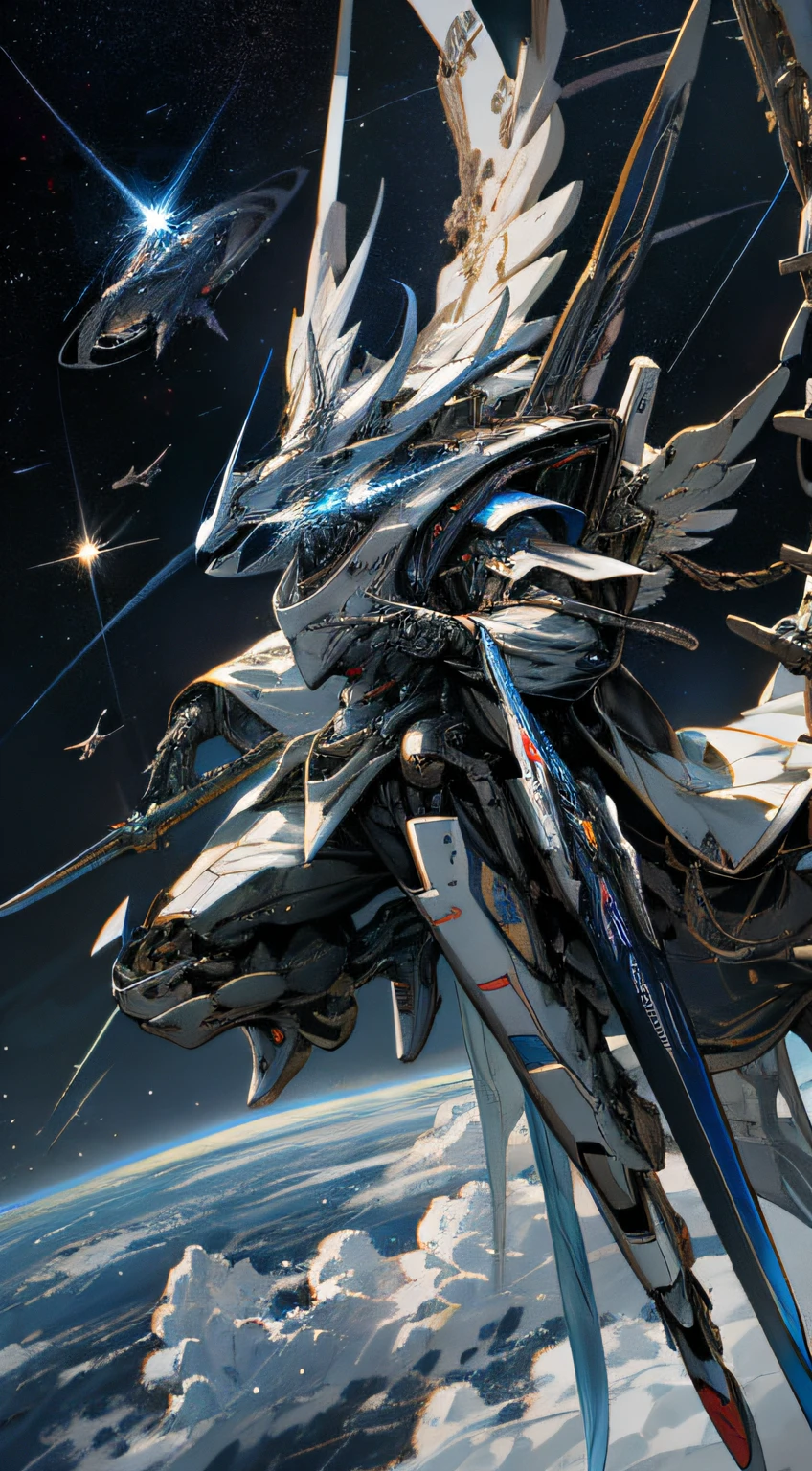 In space，Huge planet，Starcloud，Holds a mechanical sword，without humans，Gray-haired males，Antique punk，Chinese robes，with light glowing，giant mechanical wings，Flying in space：1.3，Comet fragments，Blue-white mech，scientific fiction，space，Realistis，mechs，Milky Way Galaxy background，neonlight，cyber punk perssonage，wallpaper hd，cg art。