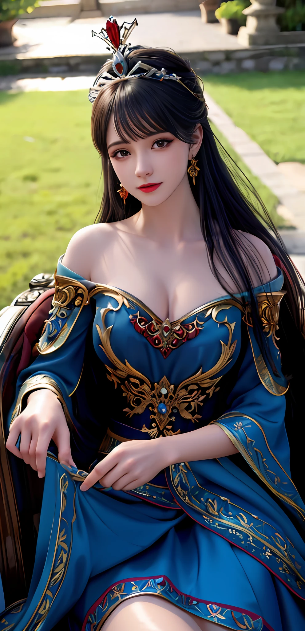 (realisticity: 1.2), best quality, 8K UHD, masterpiece, highres,cg,
1 super detailed girl, super detailed queen
, sitting on a super detailed royal throne, lud, xurious royal palace background, beautiful and detailed, super detailed long hair, wearing a beautiful and luxurious crown with diamonds and super detailed,
super detailed dress,
solo, jewelry, super detailed red and blue dress,
, earrings, super detailed hairdo, splashing, the upper body is very super detailed, super detailed hair bun, super detailed black hair,
lighting,candid,Photograph,high resolution,4k,8k,Bokeh,