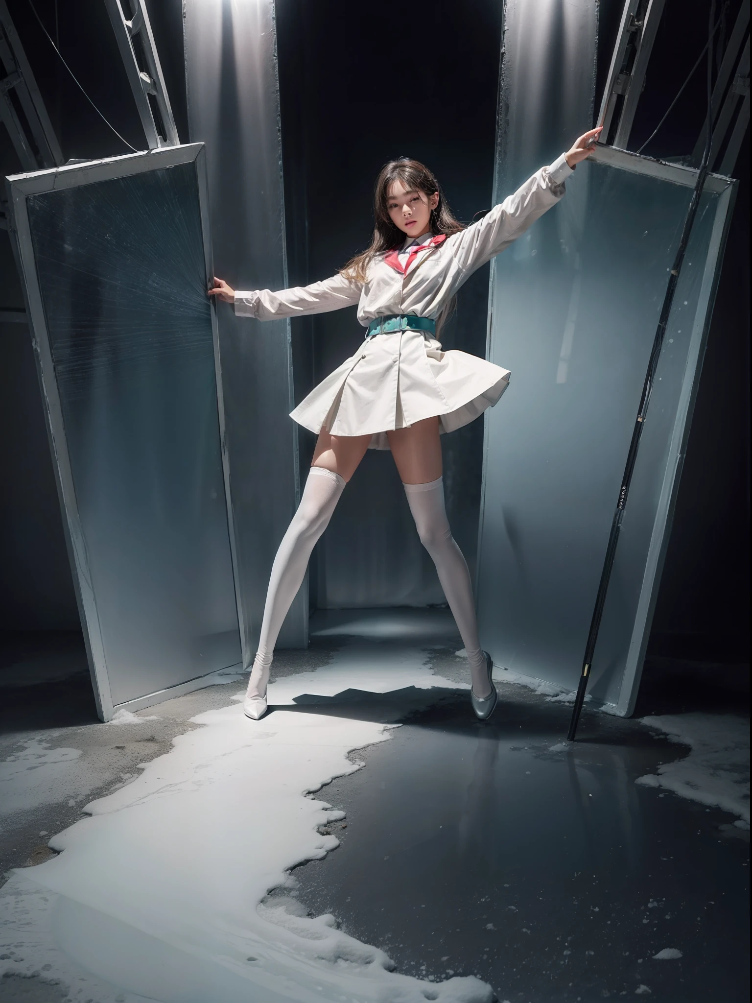 (Full body shot:2), (1girll:1.2), anatomy correct, Must show your face, Dance on snow-capped mountain tops,There is a lot of snow, The breath of nature, Uniform high heels must be worn,Over-the-knee stockings, (In pink|amarelo|blue colors|green color|red colour|white colors|black in color|purpleish color|greys|Beige|Skin color), Wearing a JK student uniform, (gloss on the skin:1.3),Many jewelry, A shallow laugh, anatomy correct, Complex and diverse backgrounds, hyper HD, Ray traching, reflective light, structurally correct, Award-Awarded, high detal, lightand shade contrast, Face lighting, tmasterpiece, super detailing, high high quality, high detal, best qualityer, Reflectors, 16k