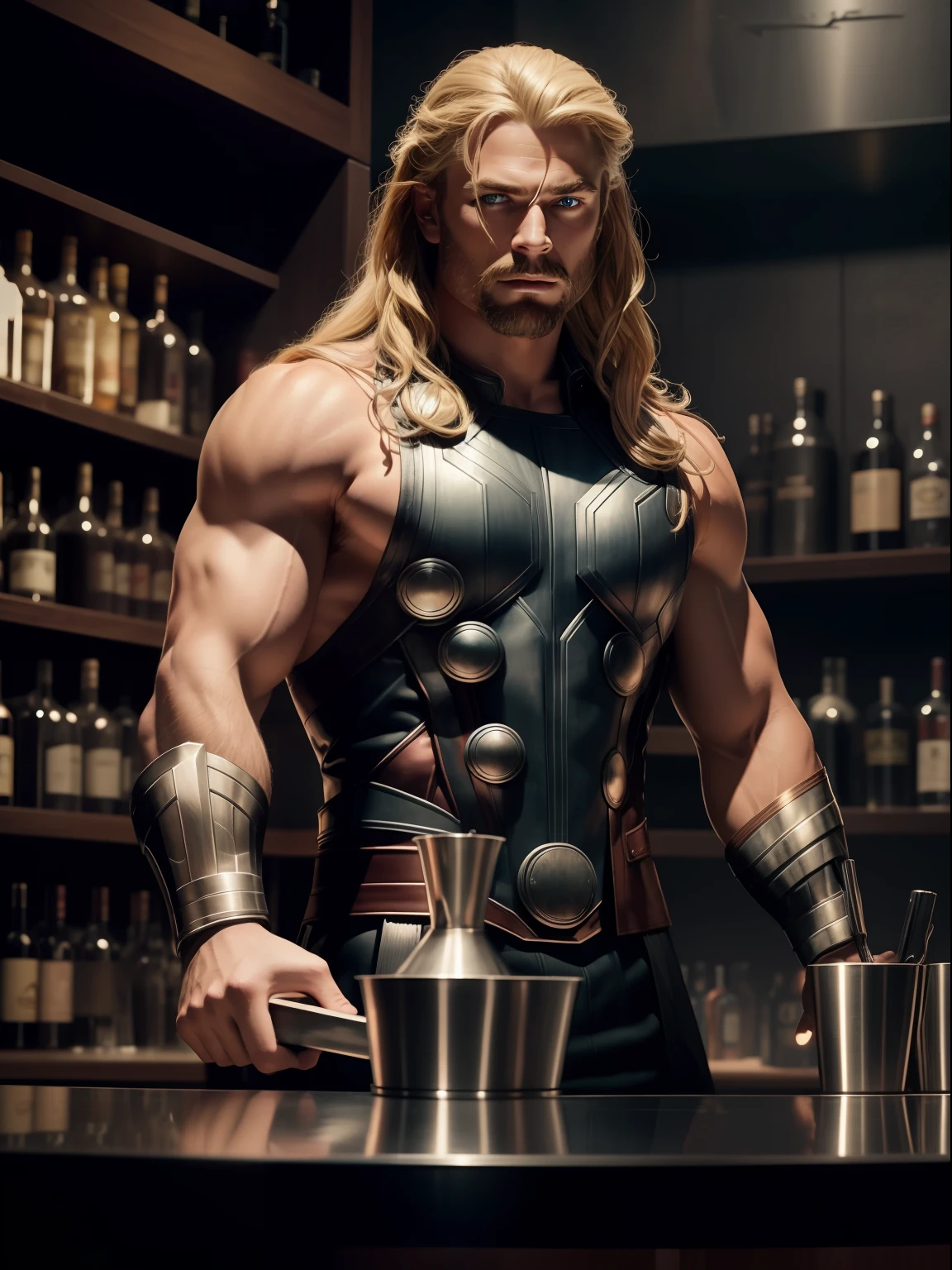 A dramatic Thor as a bartender, center, rendered in a cinematic style with extreme realism and detail, full body shot