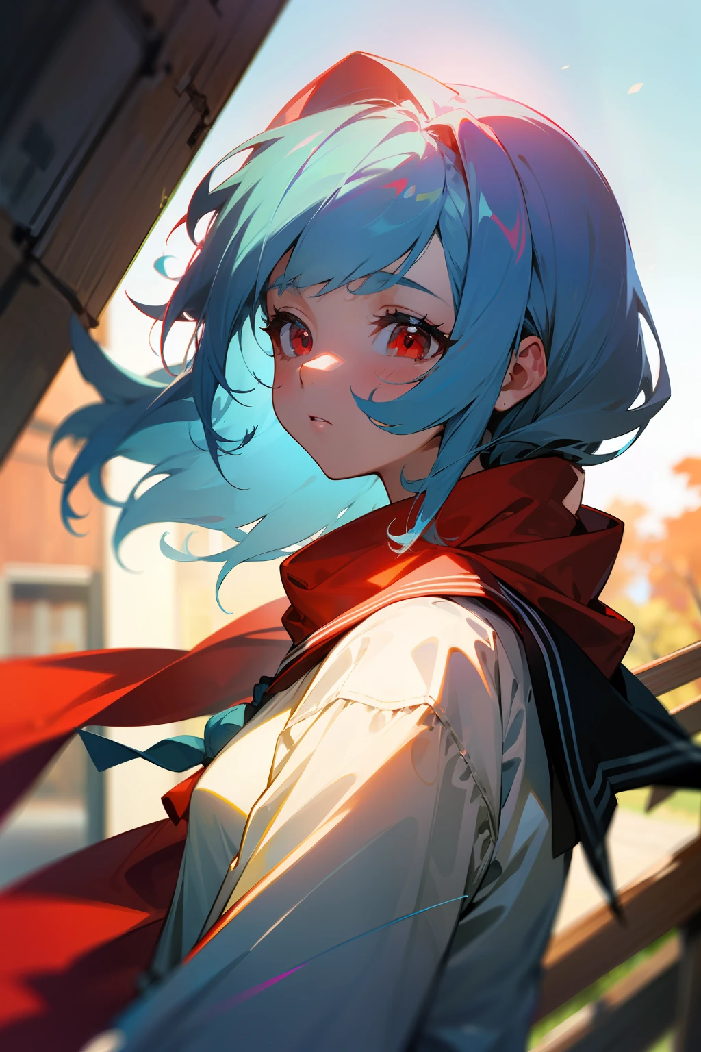 artistic photograph, Real light and shadow on a sunny day,autumnal,On the road,((a sailor suit)),1 beautiful girl,sideface,The upper part of the body,(((Light blue hair))),Red eyes,(long whitr hair),(Red scarf)