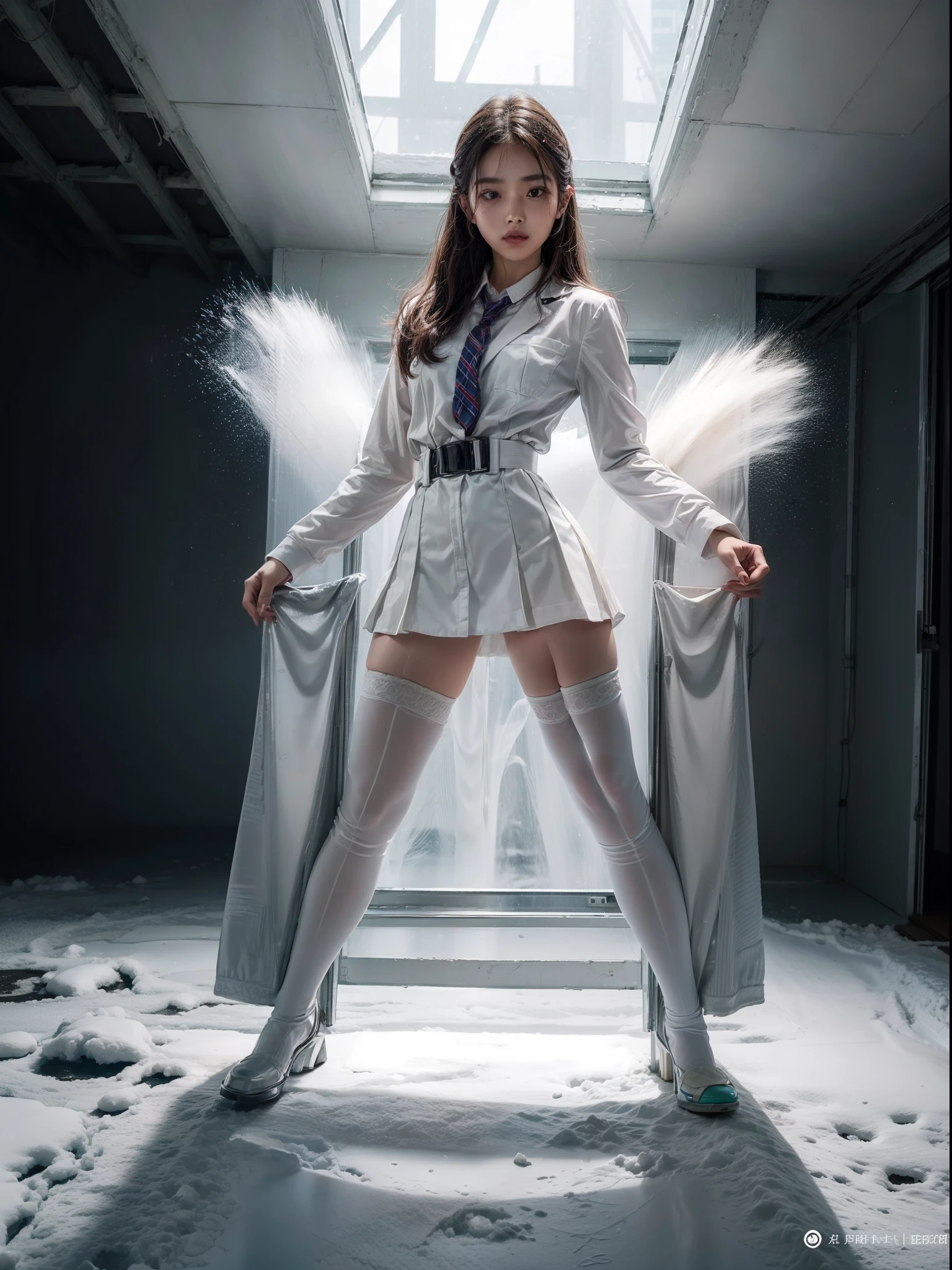 (Full body shot:2), (1girll:1.2), anatomy correct, Must show your face, Dance on snow-capped mountain tops,There is a lot of snow, The breath of nature, Uniform high heels must be worn,Over-the-knee stockings, (In pink|amarelo|blue colors|green color|red colour|white colors|black in color|purpleish color|greys|Beige|Skin color), Wearing a JK student uniform, (gloss on the skin:1.3),Many jewelry, A shallow laugh, anatomy correct, Complex and diverse backgrounds, hyper HD, Ray traching, reflective light, structurally correct, Award-Awarded, high detal, lightand shade contrast, Face lighting, tmasterpiece, super detailing, high high quality, high detal, best qualityer, Reflectors, 16k