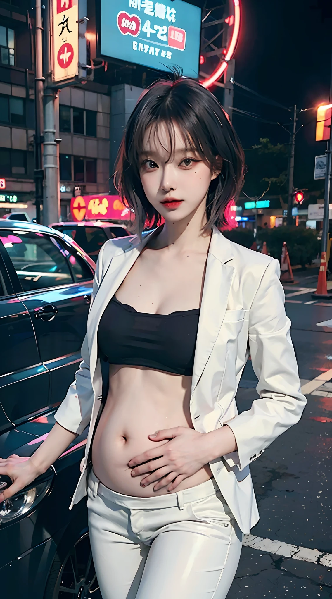 (8K, RAW photo, Best quality, Mastery:1.2), (Realistic, photo-realistic:1.37),(Kpop idol), (aegyo sal:1),Large,Professional lighting, photon maping, Radio City, Physically-based rendering , cosplay, lucy \(Cyberpunk\), Bob cut, mechanicalparts, With gray eyes, White skinny suit, Cyberpunk city, Black pants, Night, Neon lights, Sexy, Smoke, view the viewer,, High resolution of 8K, 8K, CG wallpaper, Realistis, crisp background, Large breasts, full bodyesbian,Pregnant belly,Pregnant belly