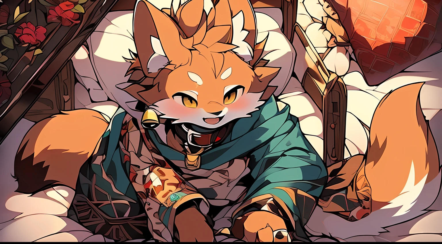 Style picture of a squirrel lying on bed with limbs spread,，A bell collar is hung around his neck， Shota，large tail，Shota，Drooling in the mouth，Wet hands，commission on furaffinity, very very beautiful furry art, furaffinity commission, squirrels, jazza and rossdraws, Furry art!!!, zerochan art, Colorful squirrel city, Detailed fanart, fursona art, wearing fancy clothes, Furry tail,