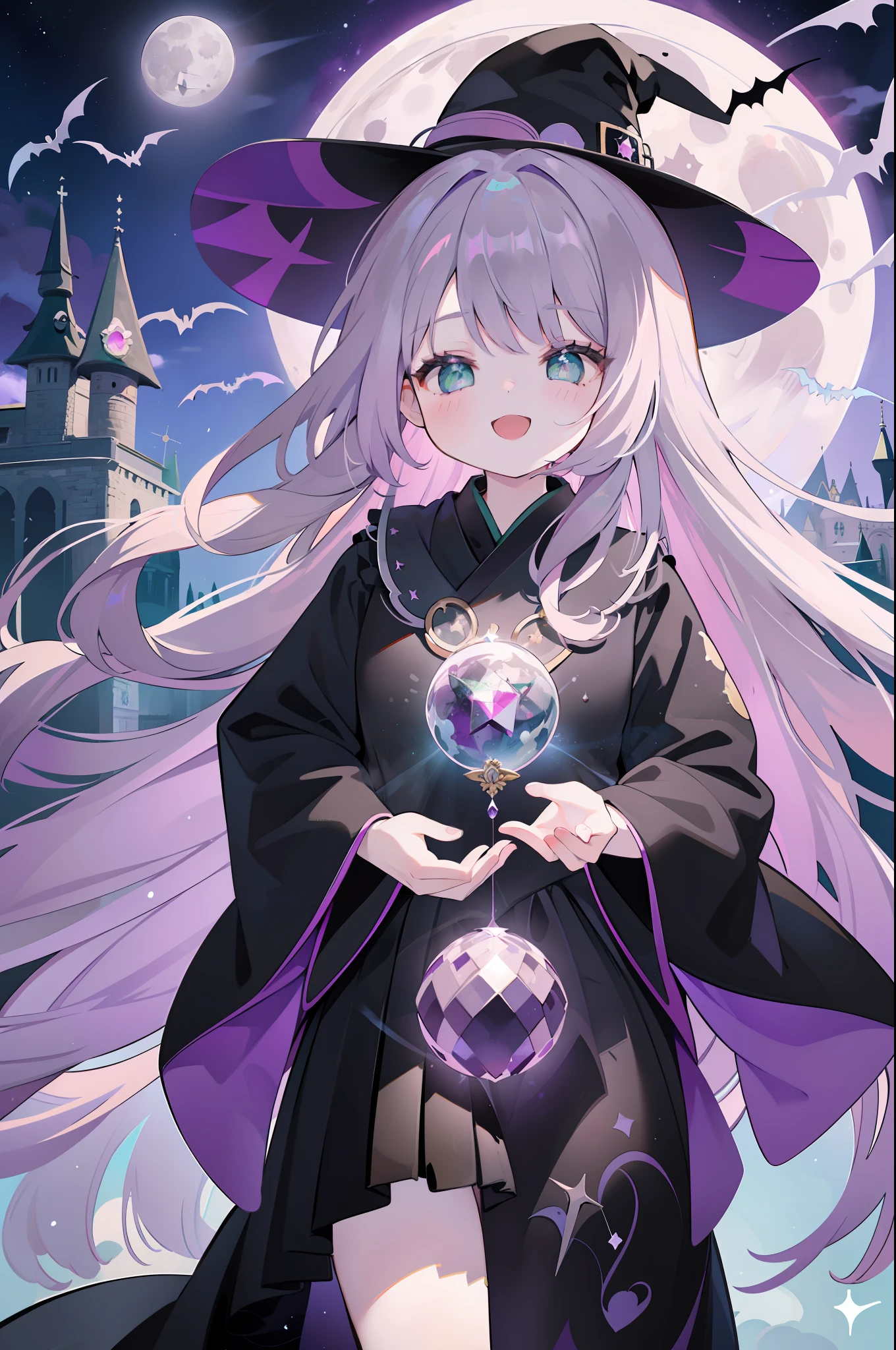 1 girl in、Purple hair、(Longhaire)、Emerald green eyes、Twinkle、Eyes Like Gems、Gradient Hair、((black robes))、witch's hat、the witch、Fluffy skirt、kawaii、closed eyes smile、Smile with open mouth、Castle background、the bats、fullmoon、((masterpiece best quality:1.3)), [[Bad face]], [[Tangled fingers]], [[[[multiple arms]]]]