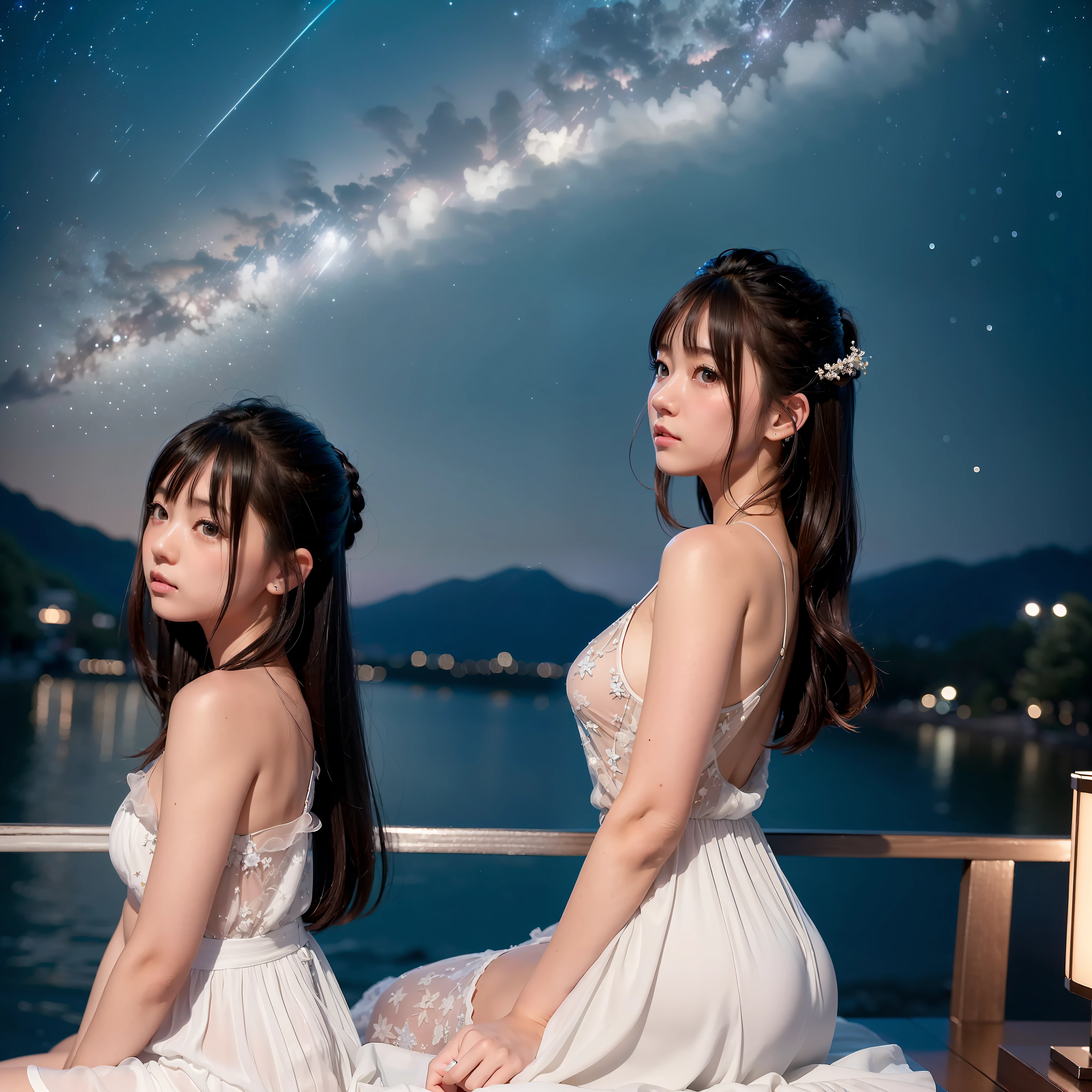(in 8K、Raw photography、top-quality、masterpiece:1.2)、ultra-detailliert、Live-action girl、Night view of beautiful starry sky、Side view of realistic girl in Japan looking at the starry sky、White dress、Profile of a beautiful girl with realistic and delicate details、Raw video、