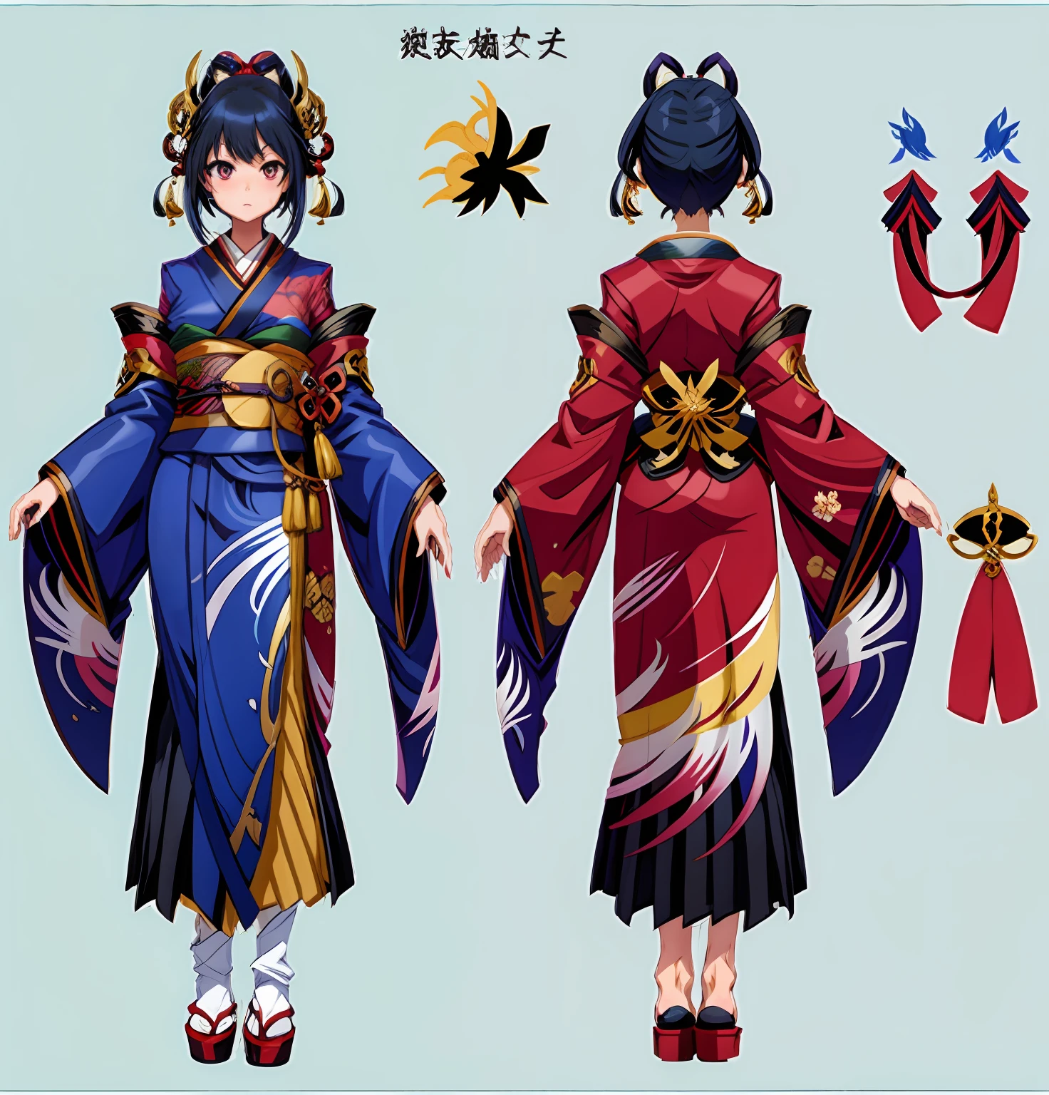 1人, reference sheet, (Fantasy character design, Front, back, Side) girl, kimono, japanese goddess