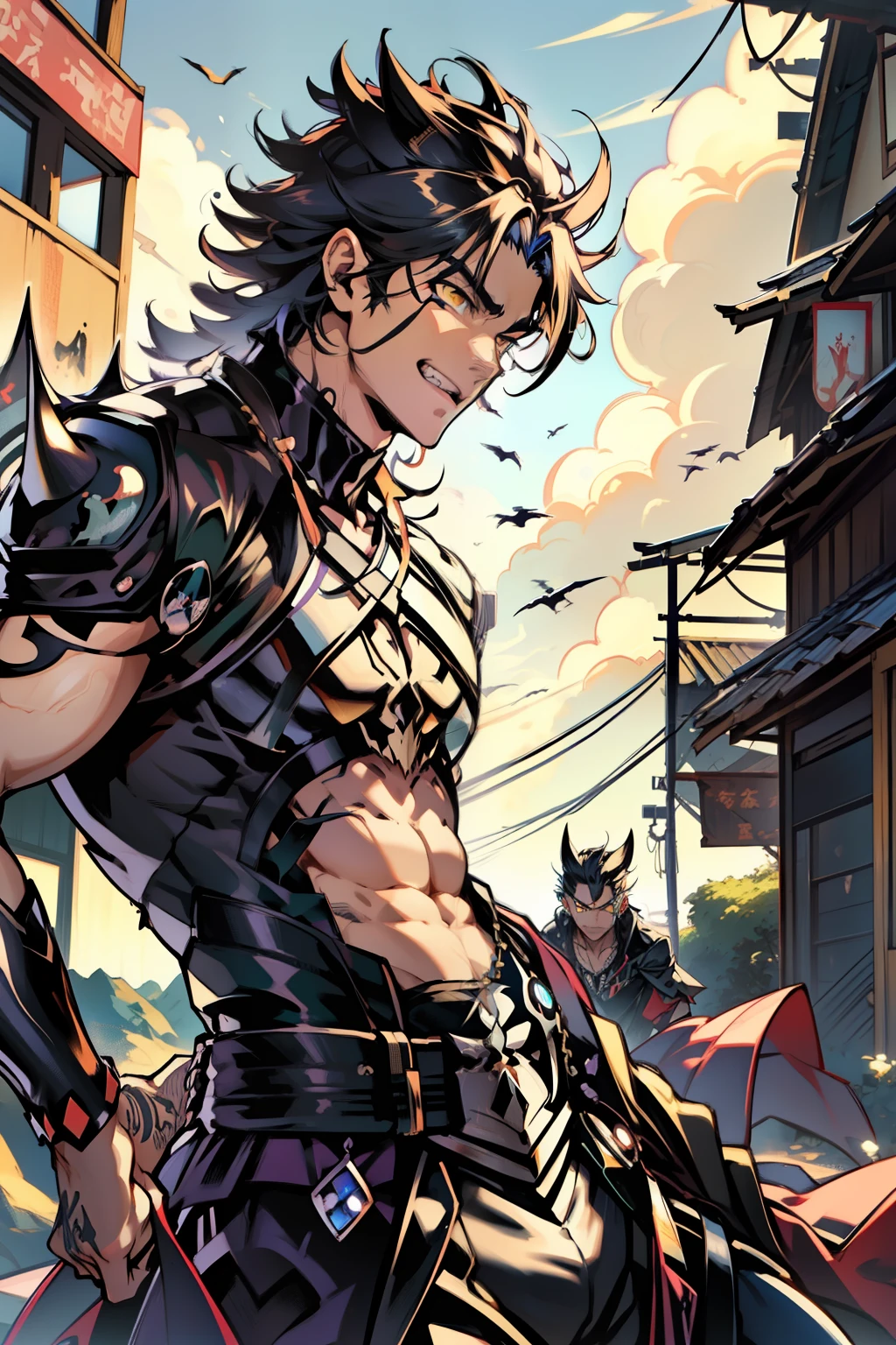 《the original god》Arataki Kazuto , male people，，((Masterpiece)), ((Best quality)), Ultra detailed,((illustration)), Dynamic Angle, Detailed light, (Delicate eyes), Floating, 1boy, Male focus, Head, Clothing, Yellow eyes, necklace, tattoo, (Forehead:0.8), (ahoge:0.8), jewelry, apathy，Ray， chest muscle， Sexy , Venom symbiote for your body, Black mucus of the body , （into venom）, Venom，frontage，style of anime4 K， 4K anime wallpaper， Badass anime 8 K， 4 k comic wallpaper， young anime man， Anime boys， Anime wallpapers 4 k， Anime wallpaper 4K， High quality anime art style， Anime moe art style， Anime art wallpaper 8 K， Anime art wallpaper 4 K， RGB lighting