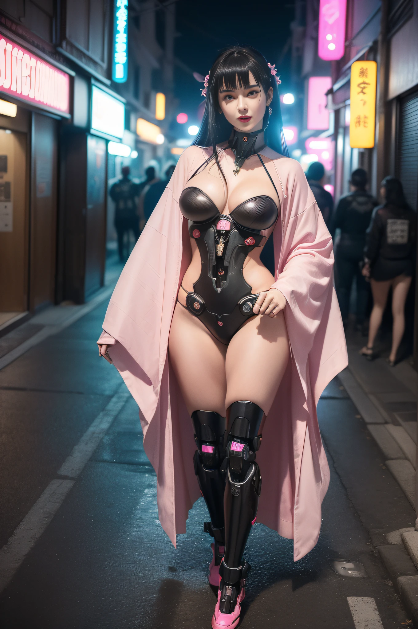 "((Hiper realista, fotorrealista, 8k, detalhes intrincados) obra-prima (corpo inteiro), uma linda gueixa cyberpunk, estilosa, gostosa, usando joias e colares, deusa gueixa cyberpunk, senhora ciborgue gueixa, gueixatransumana, princesa gueixa dos mecanismos, Cybernetic Princess, girl machine, gueixa androide, rainha gueixa do cyberpunk, deusa ex-machina cyberpunk, with flowing black hair, seios fartos, fleshy lips, coxas grossas, pele sedosa (oleosa), wearing a pink and white erotic kimono with adorned neon flowers, posando sorrindo exibindo seu corpo ((poses variadas)) walking down a street of a city in Japan cybeprunk ((futurista super iluminada de neon)), Technological, e ultra-detalhada".