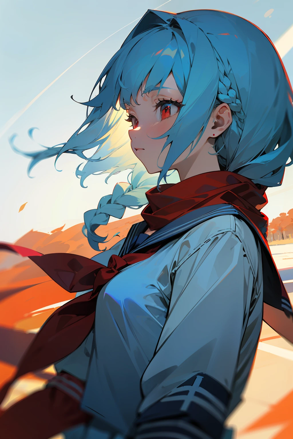 artistic photograph,A picture, Real light and shadow on a sunny day,autumnal,On the road,((a sailor suit)),1 beautiful girl,sideface,The upper part of the body,(((Light blue hair))),Red eyes,(long whitr hair),Twist braids,(Red scarf)
