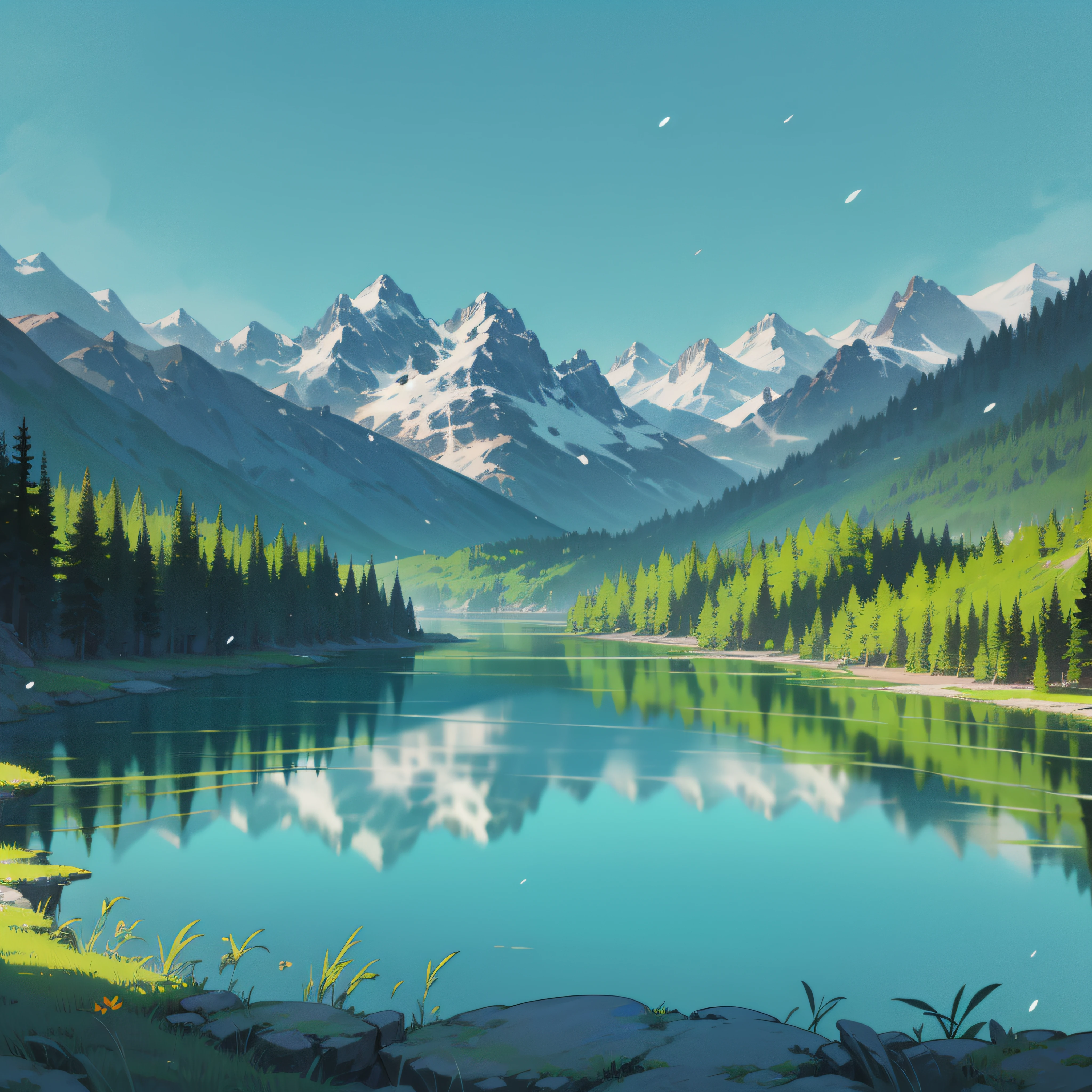 Towering snow-capped mountains, turquoise lake, (forest), flowers, trees, grass, bamboo, spring, sunny, strong sunlight, chiaroscuro, cliffs, panoramao, 8K, high quality