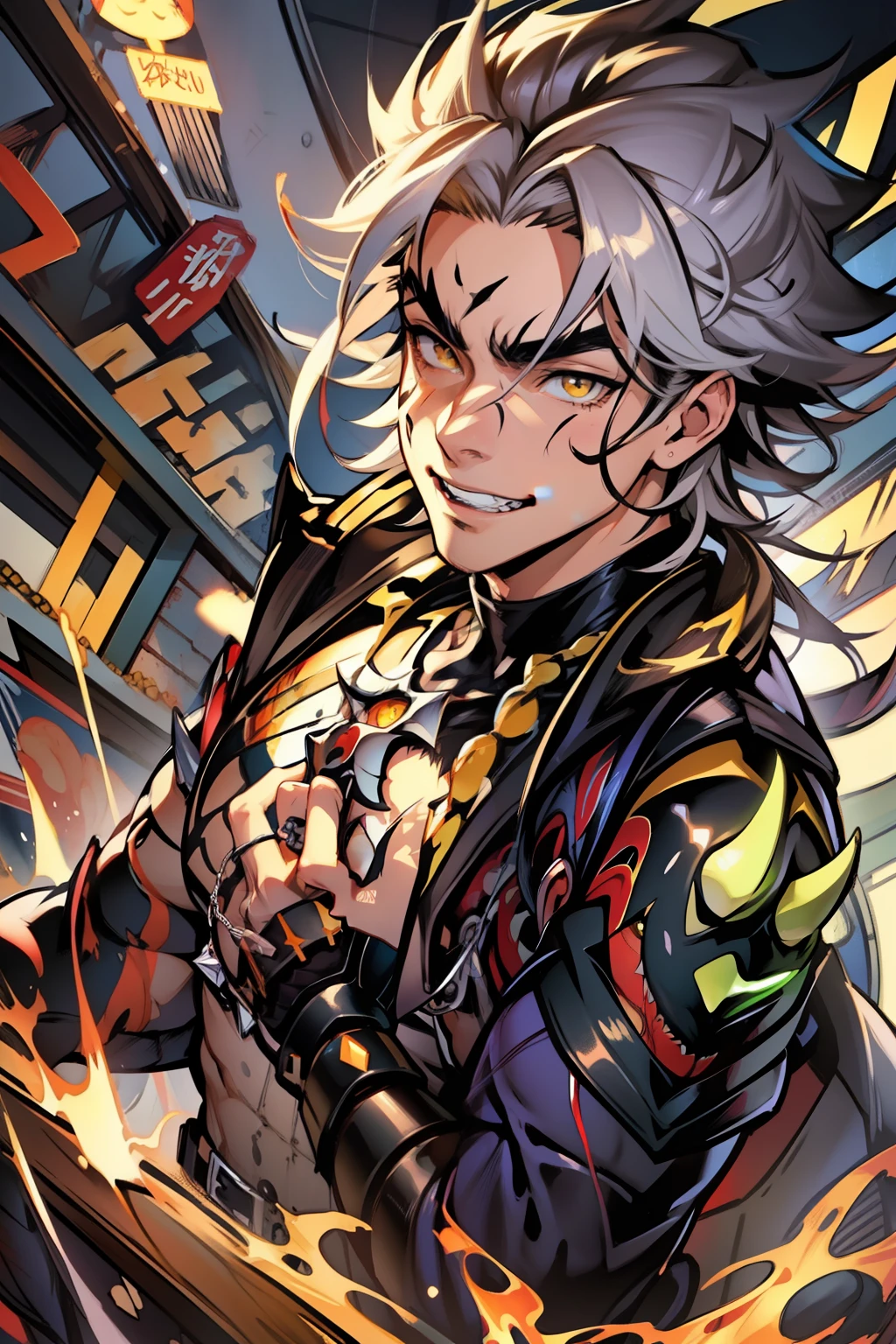 《the original god》Arataki Kazuto , male people，，((Masterpiece)), ((Best quality)), Ultra detailed,((illustration)), Dynamic Angle, Detailed light, (Delicate eyes), Floating, 1boy, Male focus, Head, Clothing, Yellow eyes, necklace, tattoo, (Forehead:0.8), (ahoge:0.8), jewelry, apathy，Ray， chest muscle， Sexy , Venom symbiote for your body, Black mucus of the body , （into venom）, Venom，frontage，style of anime4 K， 4K anime wallpaper， Badass anime 8 K， 4 k comic wallpaper， young anime man， Anime boys， Anime wallpapers 4 k， Anime wallpaper 4K， High quality anime art style， Anime moe art style， Anime art wallpaper 8 K， Anime art wallpaper 4 K， RGB lighting