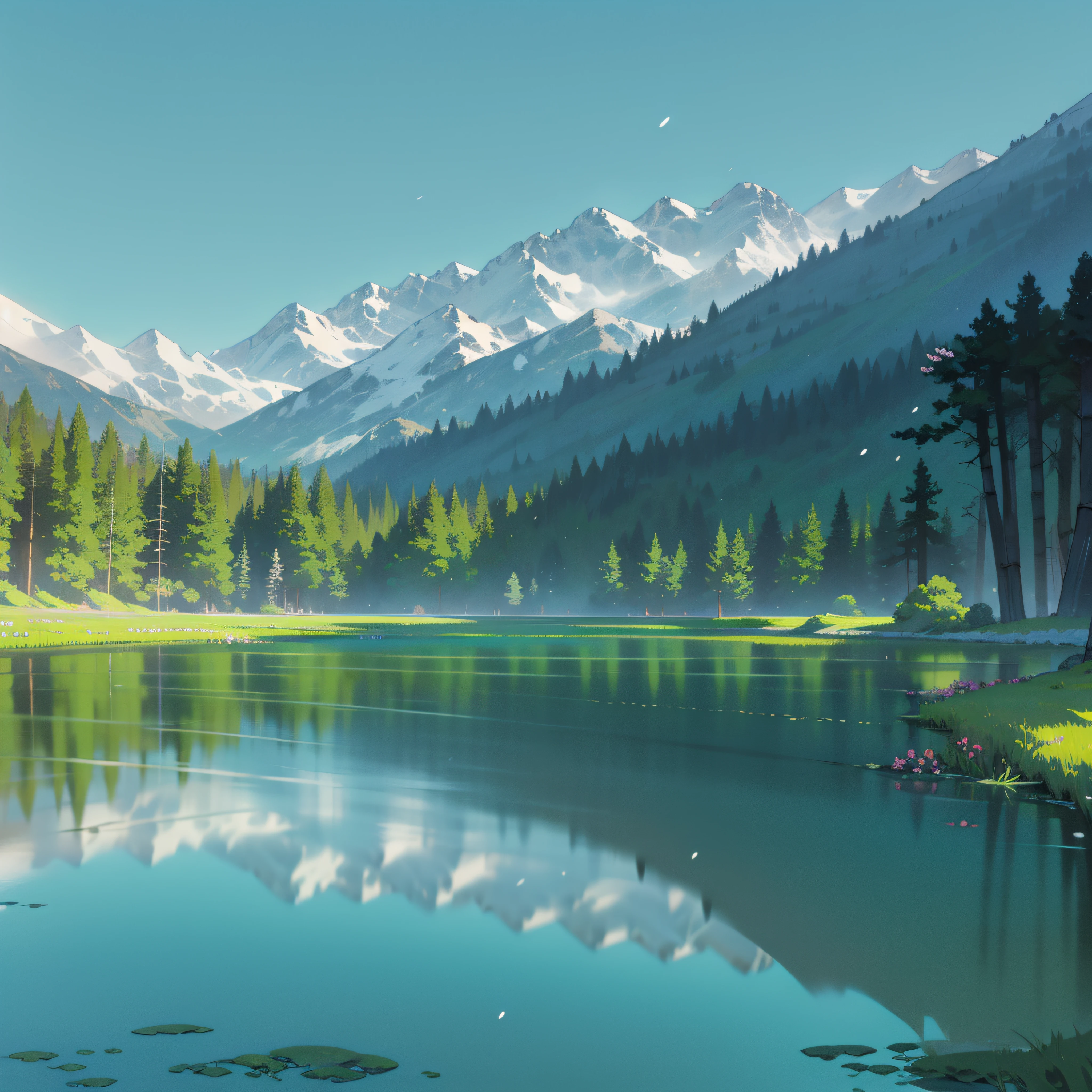 Towering snow-capped mountains, turquoise lake, (forest), flowers, trees, grass, bamboo, spring, sunny, strong sunlight, chiaroscuro, cliffs, panoramao, 8K, high quality