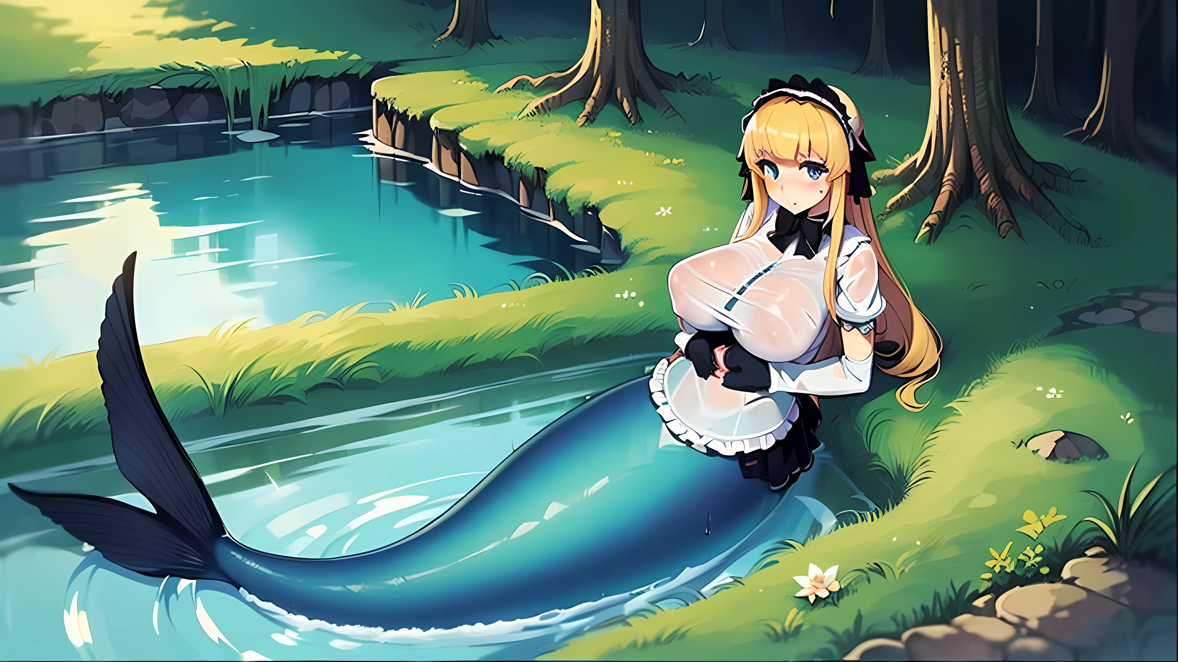 Masterpiece,(mitts:1.5),Delicate background,(Best quality),Delicate face,mud ground,(Solo:2),((Colorful)),((full_Body)),((Black mermaid)),(Fins),[Slime mermaid],dual horsetail,Blonde_Hair,((Smooth skin)),Wet,Wet ground,River,sonoko,Sea,((((Soaked ta))),(((Covered_Nipples))),((Gigantic_Breasts))